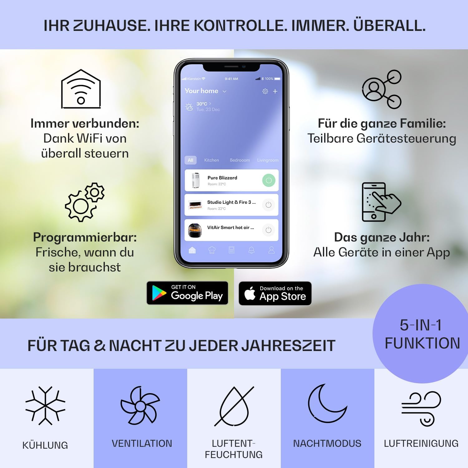 Klarstein Mobile Klimaanlage mit Abluftschlauch, 5-in-1 Klimagerät, Ventilator, Luftentfeuchter, Luftreiniger & Nachtmodus, App-Steuerung, Kleine & Portable, für Wohnung & Büro, 12000 BTU