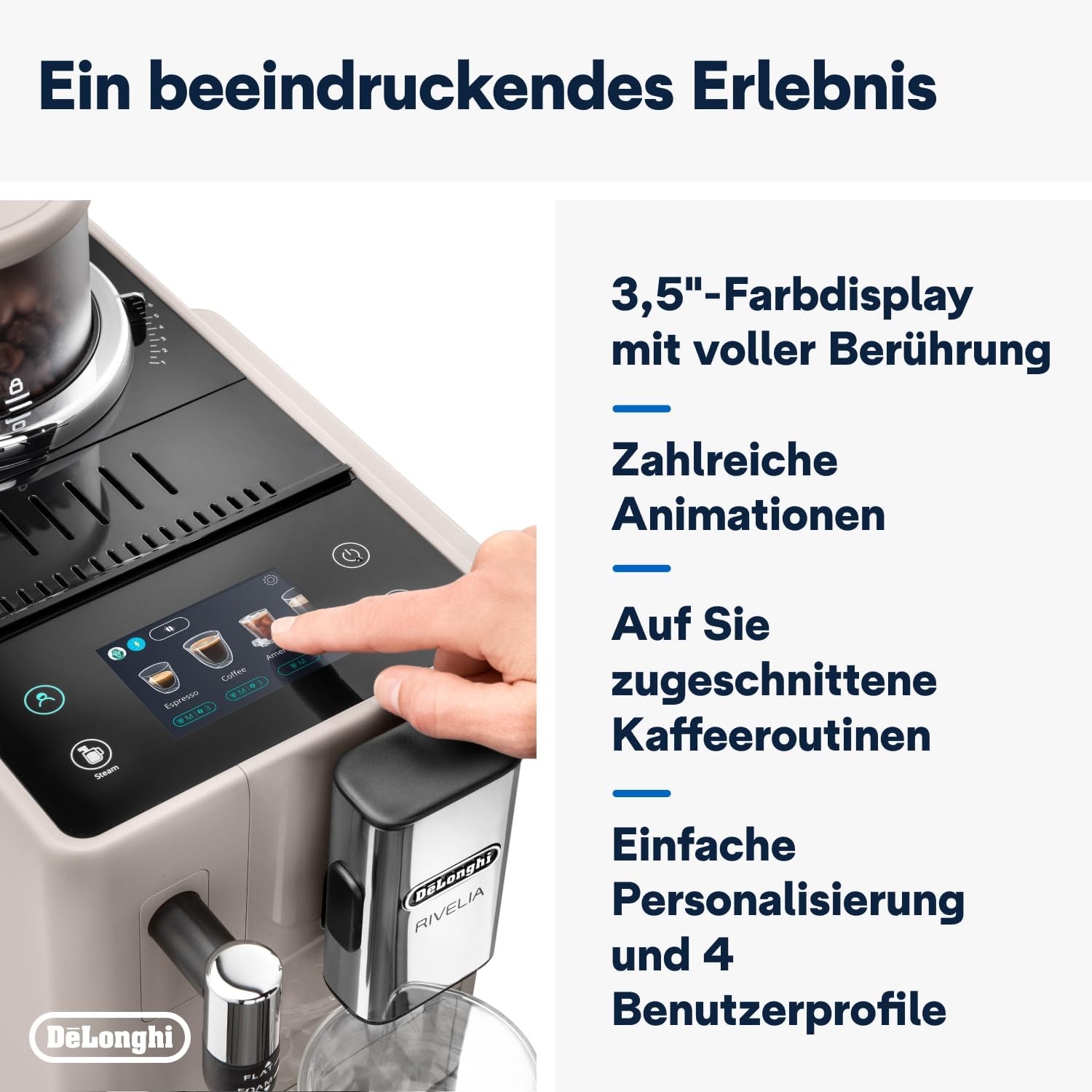 De'Longhi Rivelia EXAM440.55.W Kaffeevollautomat mit LatteCrema Milchsystem, Wechselbarer Bohnenbehälter, 16 Kaffee- & Milchgetränke auf Knopfdruck, Extra-Shot-Funktion, 3,5 Touch-Display, Weiß