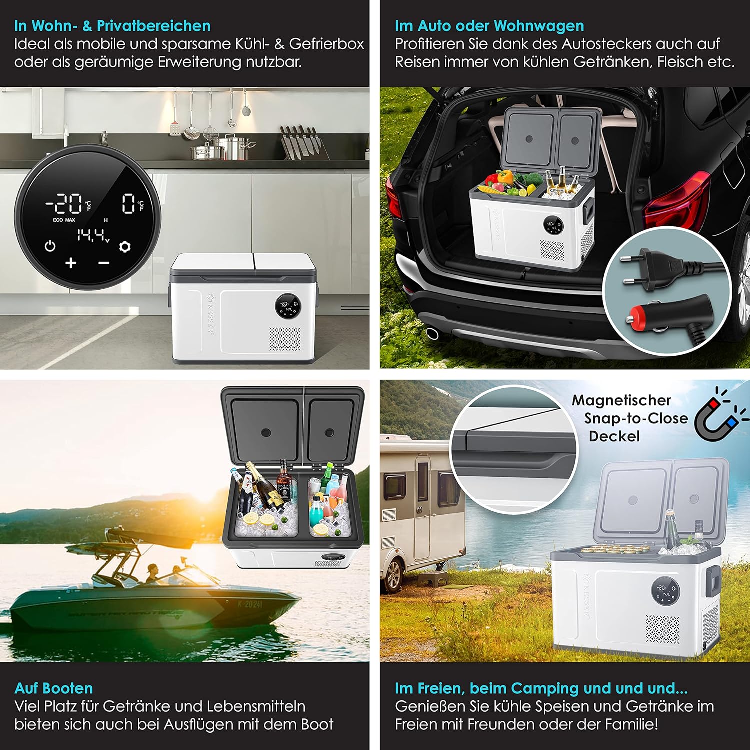 KESSER Kompressor Kühlbox 2in1 Doppelzone Kühl & Gefrierfach elektrische Gefrierbox mit 2x Kühlakkus & LED-Touch-Bedienung | Kühlschrank Kühlung bis -20 °C für Camping, Auto, Lkw 12/24V 230V