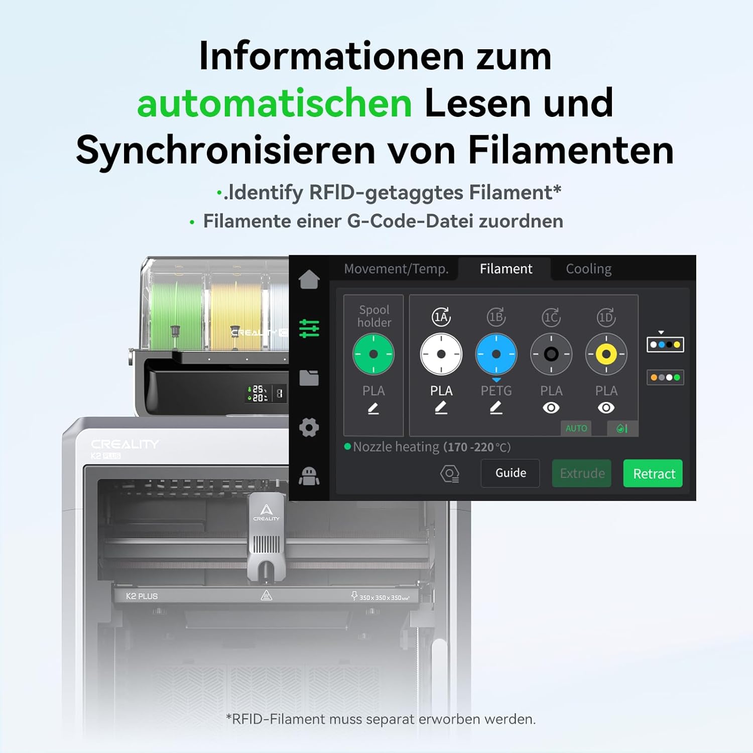 Creality K2 Plus Combo 3D-Drucker, 16-Farben Multimaterial-Druck, 350³mm XXL-Bauraum, Servo-Direktantrieb, Dual-KI-Kameras, Ultra-Leise <45dB, Aktive Heizkammer, RFID/WLAN (Industrie 4.0)