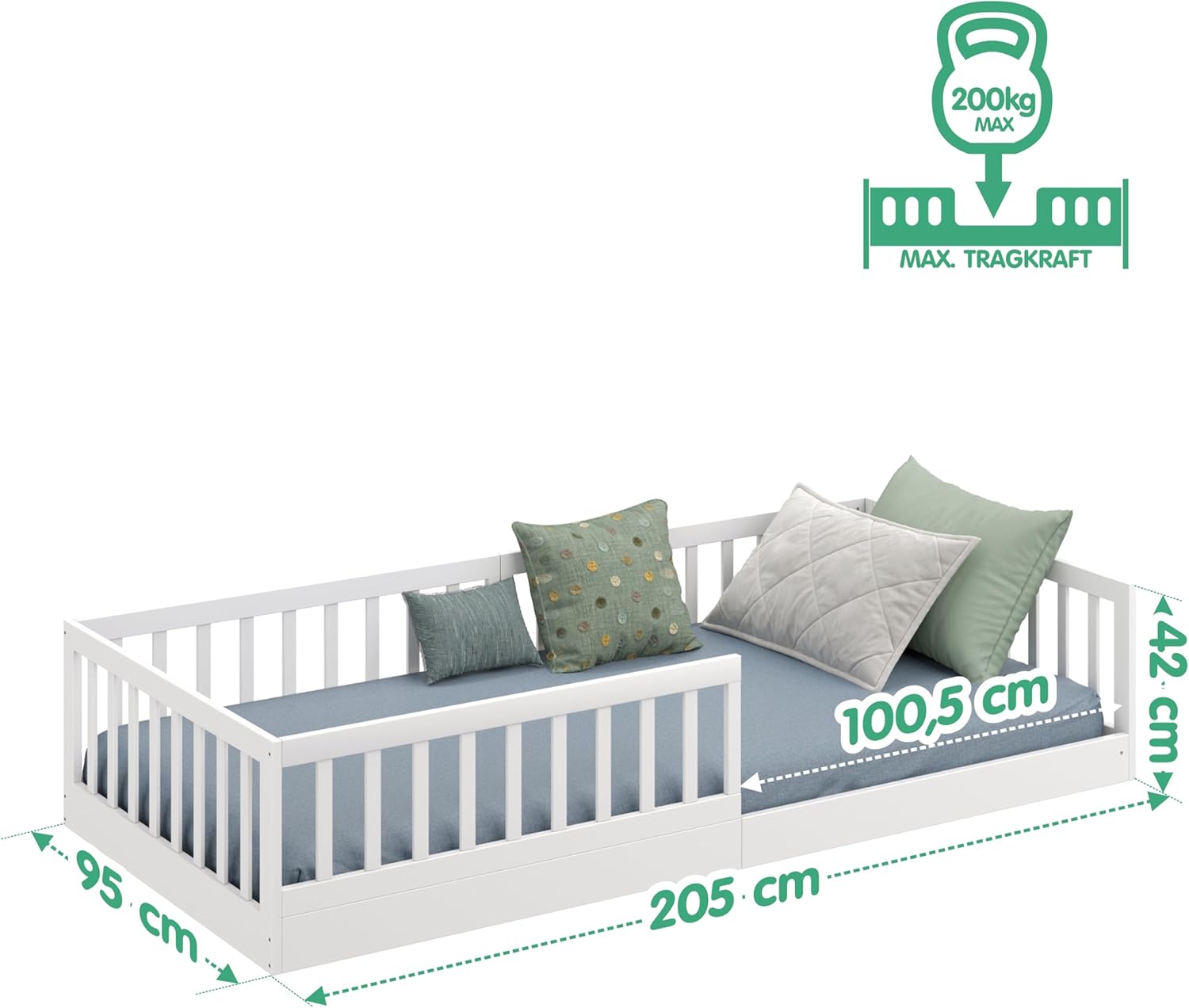 CADANI Timi 2in1 Bodenbett 140x200 cm Montessori Kinderbett mit abnehmbaren Rausfallschutz inkl. Lattenrost, Kiefer Massivholz, weiß - 3 Aufbauvarianten, bis 200 kg belastbar, umbaubar