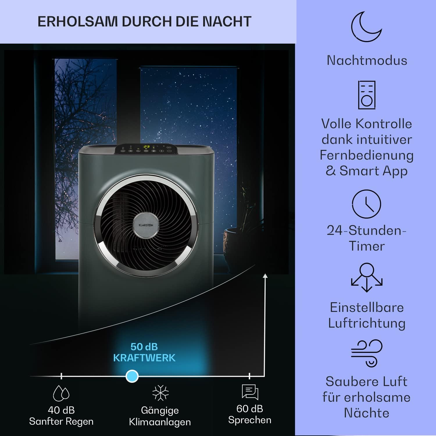 Klarstein Mobile Klimaanlage mit Abluftschlauch, 5-in-1 Klimagerät, Ventilator, Luftentfeuchter, Luftreiniger & Nachtmodus, App-Steuerung, Kleine & Portable, für Wohnung & Büro, 12000 BTU