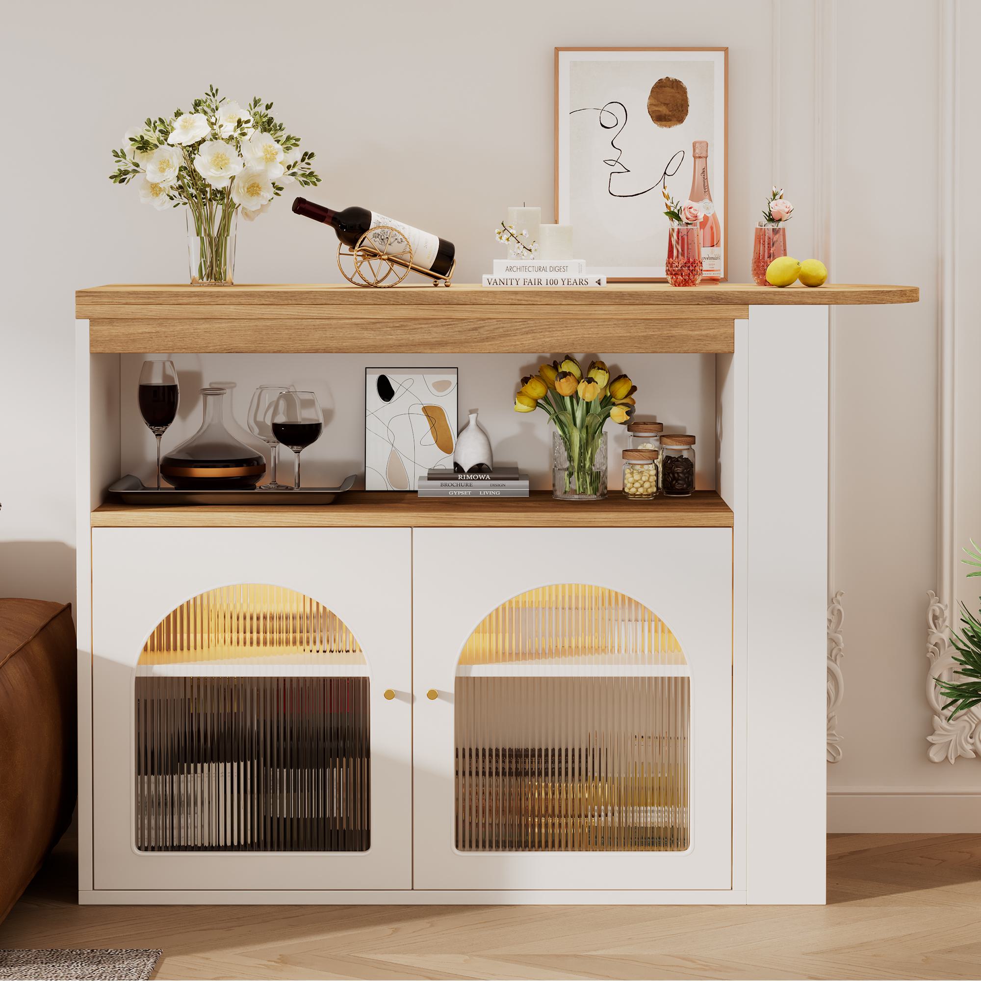 Modern ausziehbarer Bartisch mit integriertem Stauraum, 360-Grad drehbar, LED-Bartisch mit Glasfront für Homebar, Weiß