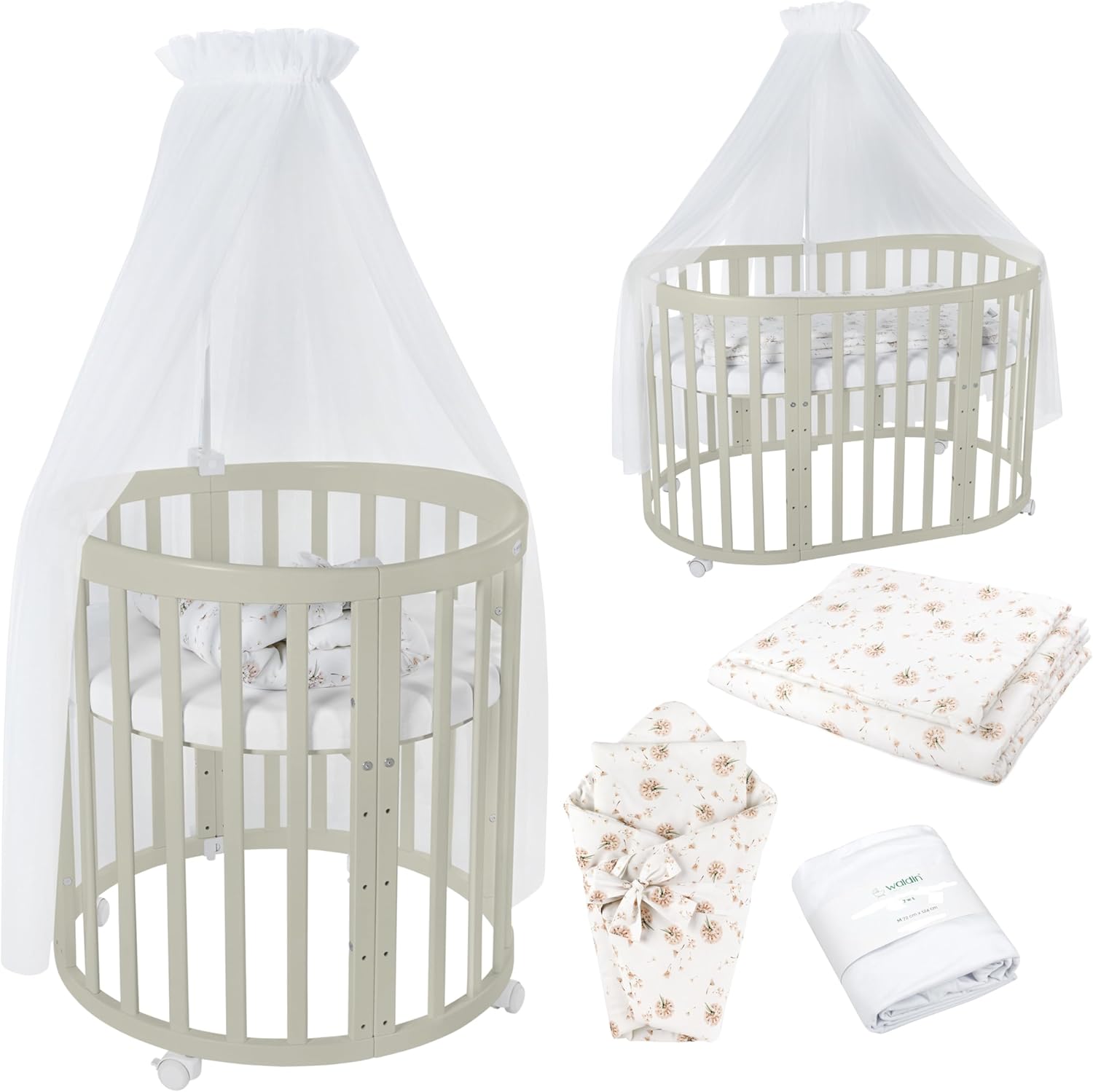 Waldin Oval Baby-Bett Mitwachsend Komplett Set 7in1, Gitterbett, Kinderbett mit Matratze, Wickelkommode, Beistellbett, Holz Weiß