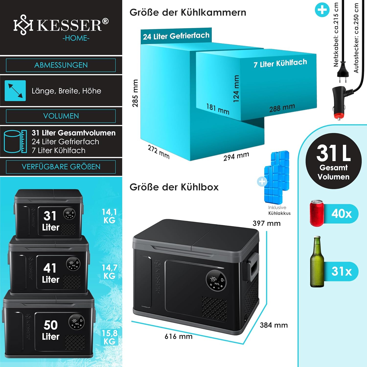 KESSER® Kompressor Kühlbox 2in1 Doppelzone Kühl & Gefrierfach elektrische Gefrierbox mit 2x Kühlakkus & LED-Touch-Bedienung | Kühlschrank Kühlung bis -20 °C für Camping, Auto, Lkw 12/24V 230V