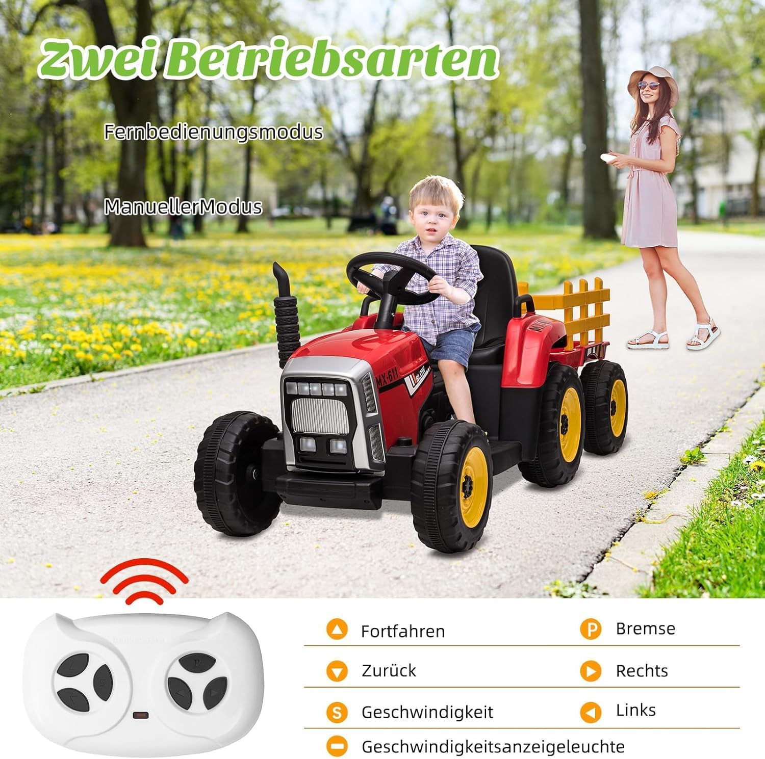 HAUSPROFI 12V 3-Gang Kinder Elektroauto mit Anhänger, Elektro Traktor 2 Fahrmodi, 2,4G-Fernbedienung, Kinder Traktor LED-Licht, Bluetooth, Musik, USB, Elektrischer Traktor für kinder ab 3 Jahren, Grün