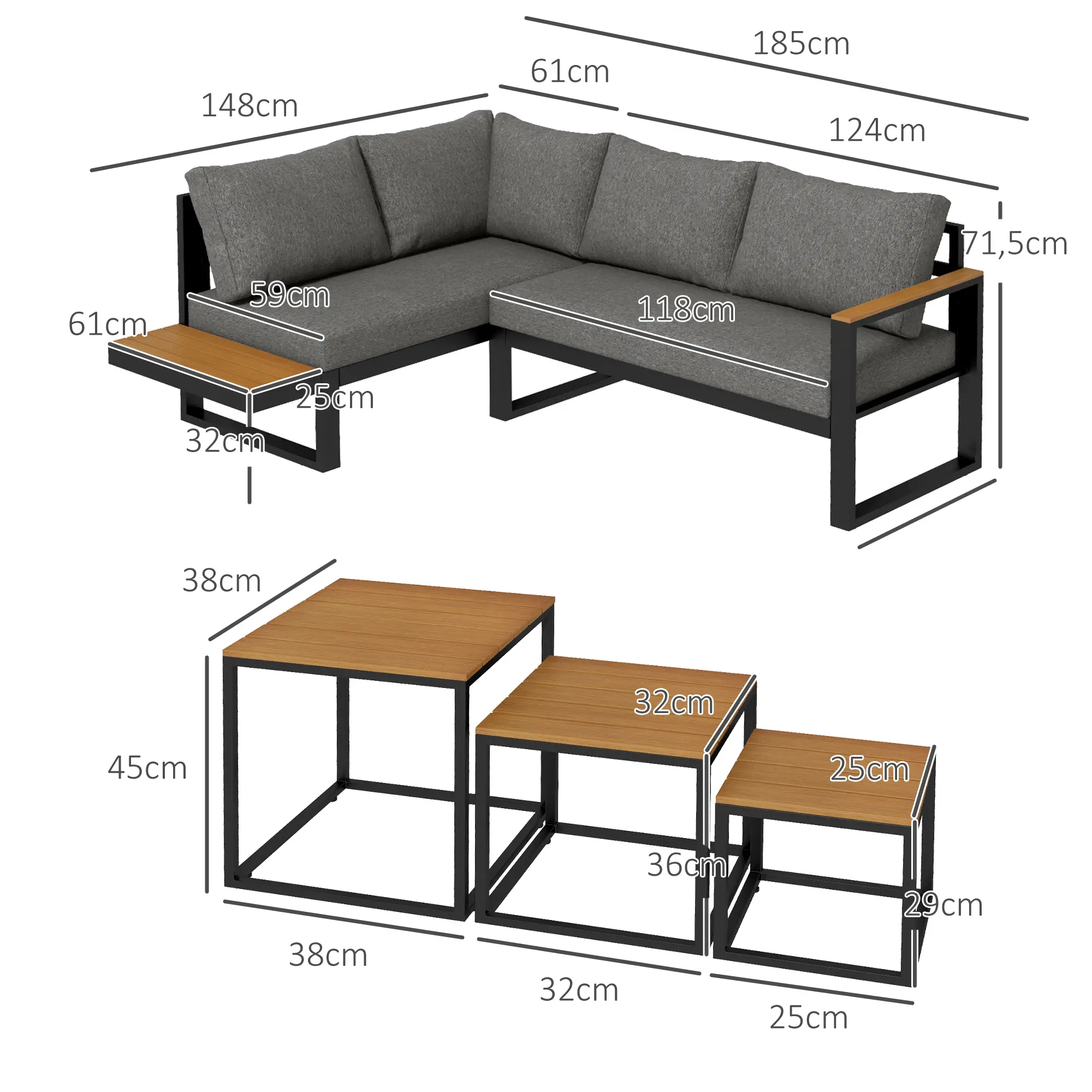 Outsunny Gartenmöbelset 5-tlg. Outdoor-Sofa mit 3 Couchtischen Aluminium
