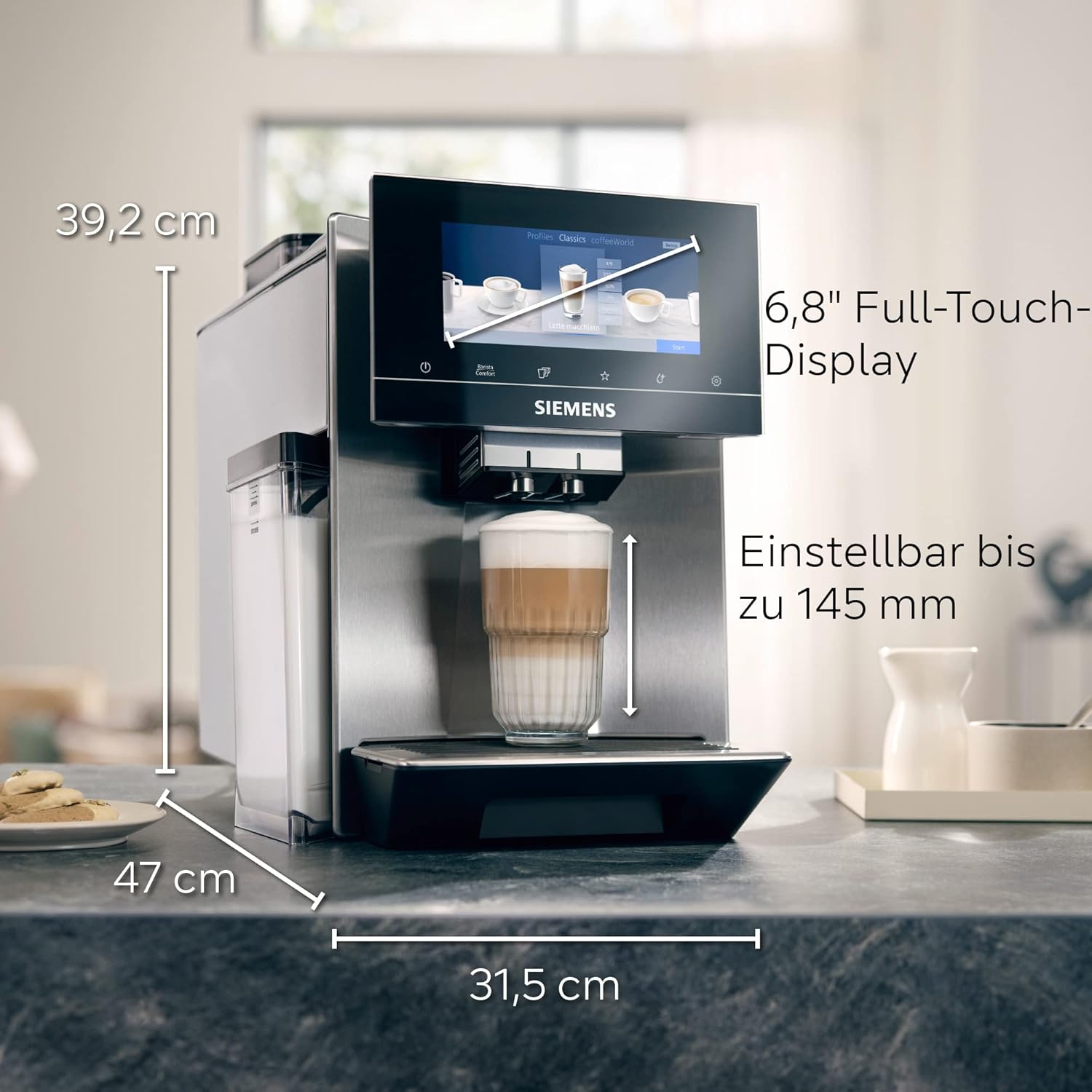 Siemens Kaffeevollautomat EQ900 TQ903D03, App-Steuerung, intuitives Full-Touch-Display, Barista-Modus, AromaBoost, Geräuschreduzierung, Premiummahlwerk, automatische Dampfreinigung, 1500 W, edelstahl