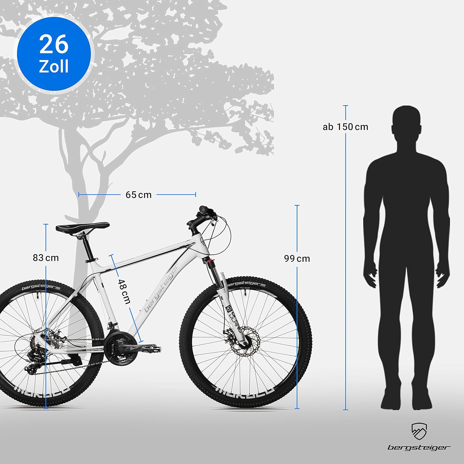 Bergsteiger Makalu 26 Zoll Mountainbike Aluminium, geeignet ab 150 cm, Scheibenbremse, Shimano 21 Gang-Schaltung, Hardtail, Jungen-Fahrrad & Herren-Fahrrad