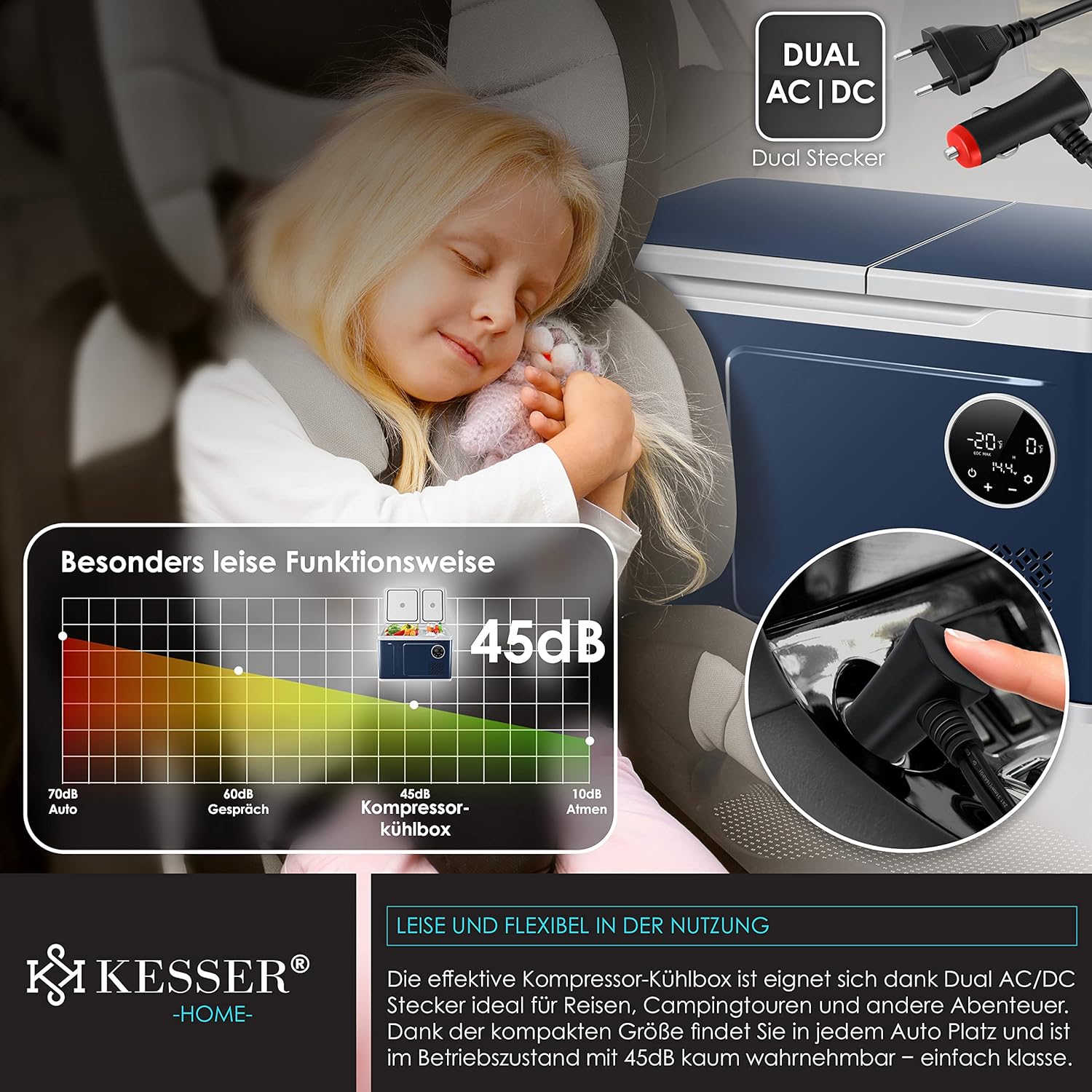 KESSER Kompressor Kühlbox 2in1 Doppelzone Kühl & Gefrierfach elektrische Gefrierbox mit 2x Kühlakkus & LED-Touch-Bedienung | Kühlschrank Kühlung bis -20 °C für Camping, Auto, Lkw 12/24V 230V