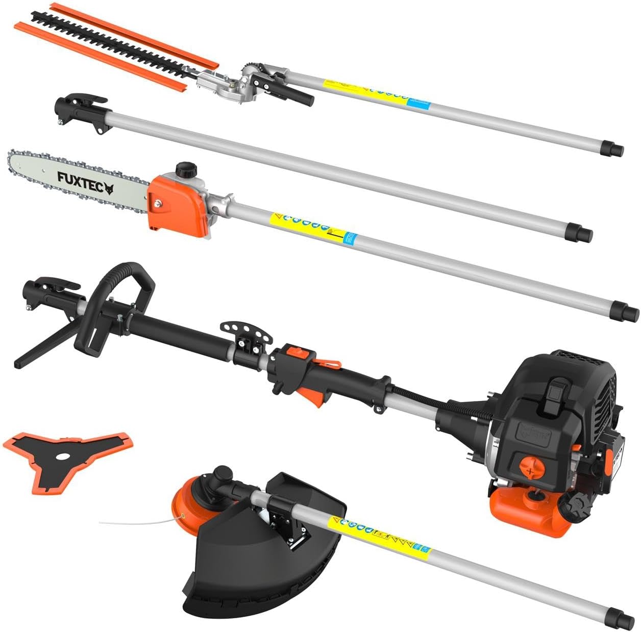 FUXTEC Benzin Motorsense FX-MT152E 5in1 Multitool, 52 cc, Profi-Tragegurt und inkl. 1m Verlängerung 3 PS Kombigerät Heckenschere Hochentaster Kombisystem Freischneider fs 2-Takt Test Oberklasse 1,4