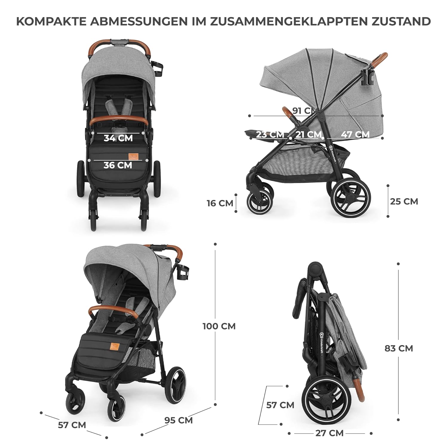 Kinderkraft GRANDE PLUS Kinderkraft buggy von Geburt bis 22 kg, Zusammenklappen mit einer Hand, Liegeposition, großes Verdeck mit Fenster, alle 4 Räder gedämpft, geräumige Sitz, Grau