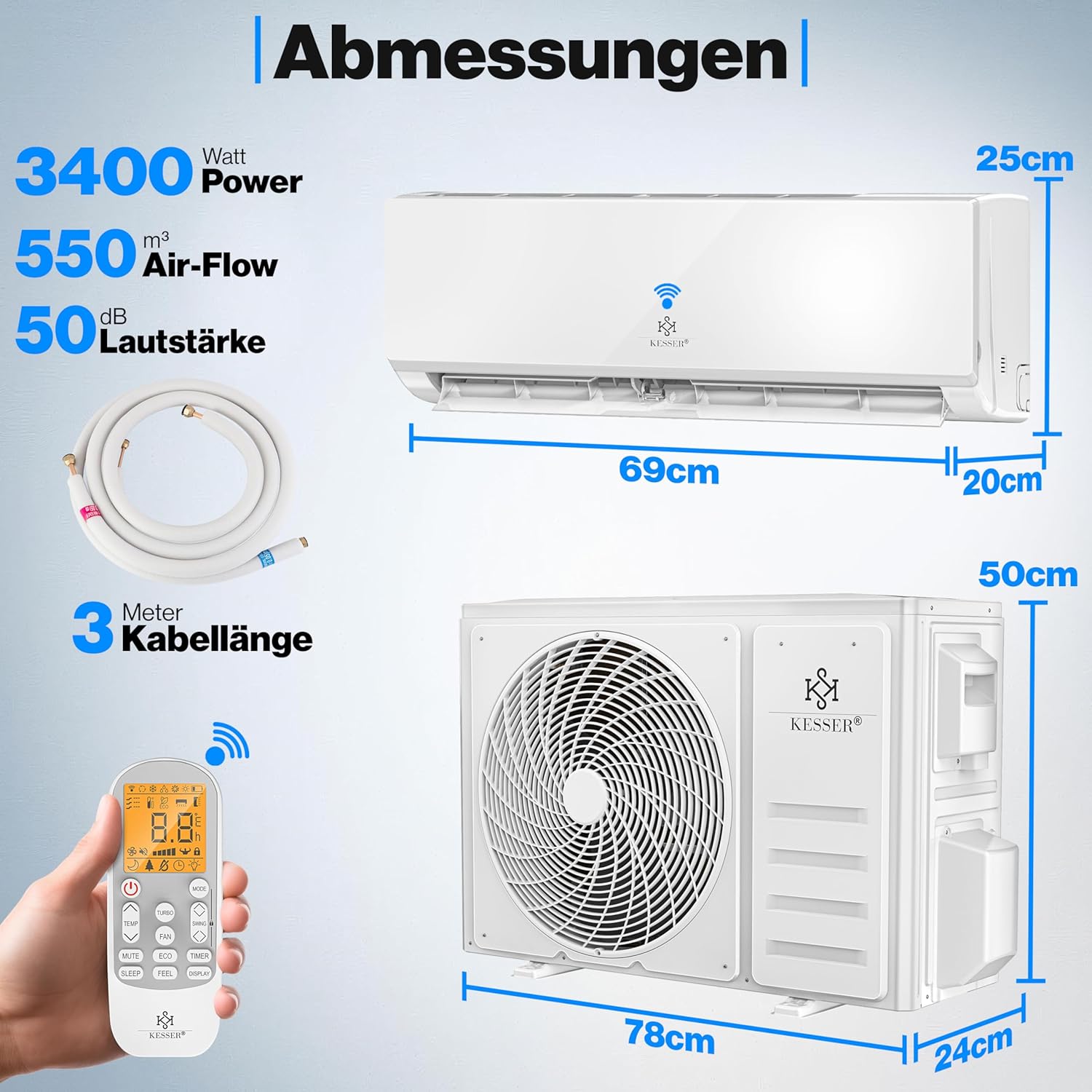 KESSER Klimaanlage Set Split - mit WiFi/App Funktion Klimagerät - Kühlen A++/ Heizen A+ - 9000 BTU/h (2.600 Watt) Kältemittel R32 - Fernbedienung, Timerfunktion - Inkl. komplettem Montagematerial