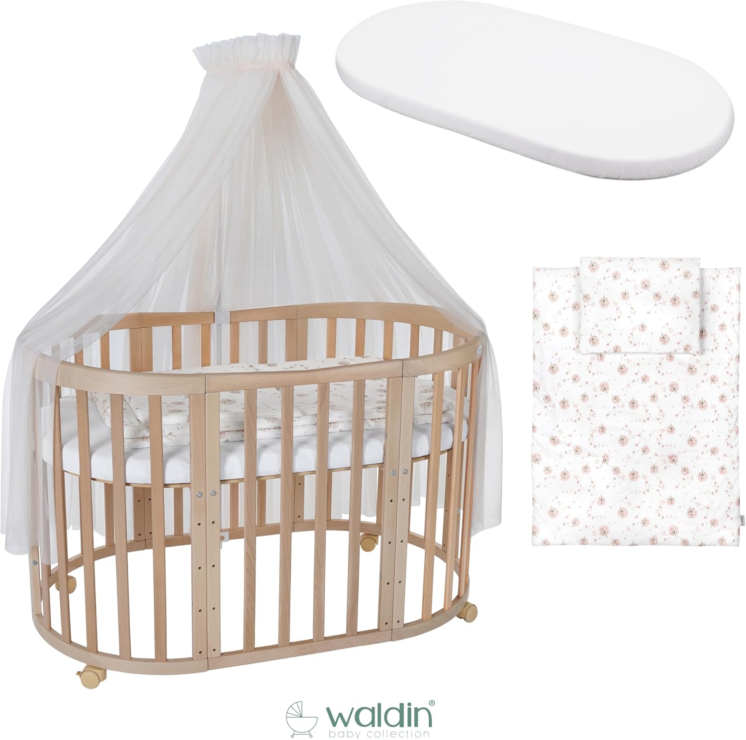 Waldin Oval Baby-Bett Mitwachsend Komplett Set 7in1, Gitterbett, Kinderbett mit Matratze, Wickelkommode, Beistellbett, Holz Weiß
