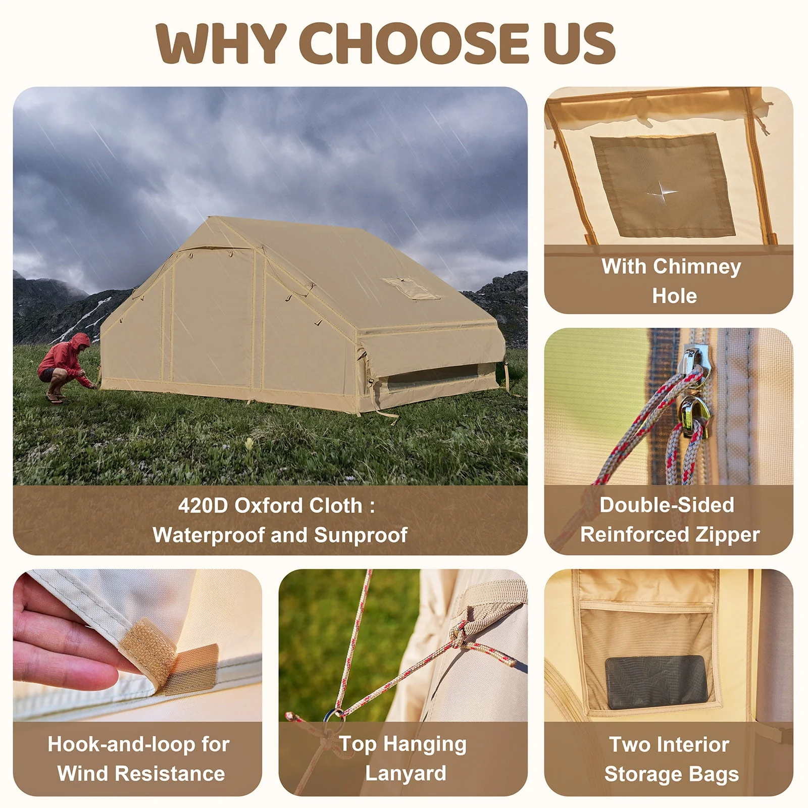 6 Person Inflatable Camping Tent with Pump, 10ft x7ft Glamping Family Tent Easy Setup 4 Season Waterproof Windproof Outdoor Blow Up Tent Luxury Oxford Cabin with Mesh Windows & Doors