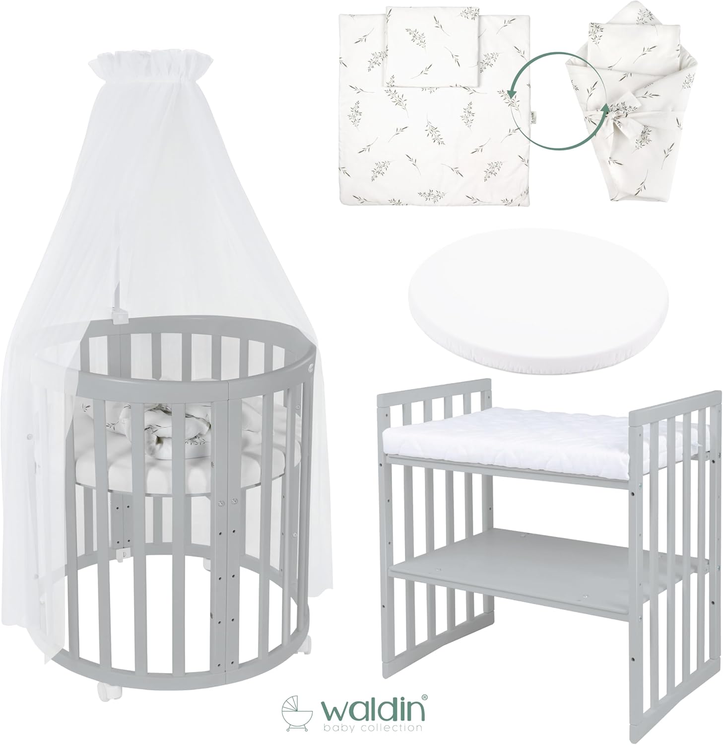 Waldin Oval Baby-Bett Mitwachsend Komplett Set 7in1, Gitterbett, Kinderbett mit Matratze, Wickelkommode, Beistellbett, Holz Weiß