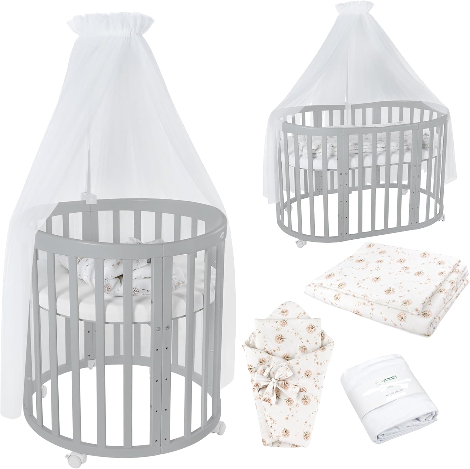 Waldin Oval Baby-Bett Mitwachsend Komplett Set 7in1, Gitterbett, Kinderbett mit Matratze, Wickelkommode, Beistellbett, Holz Weiß