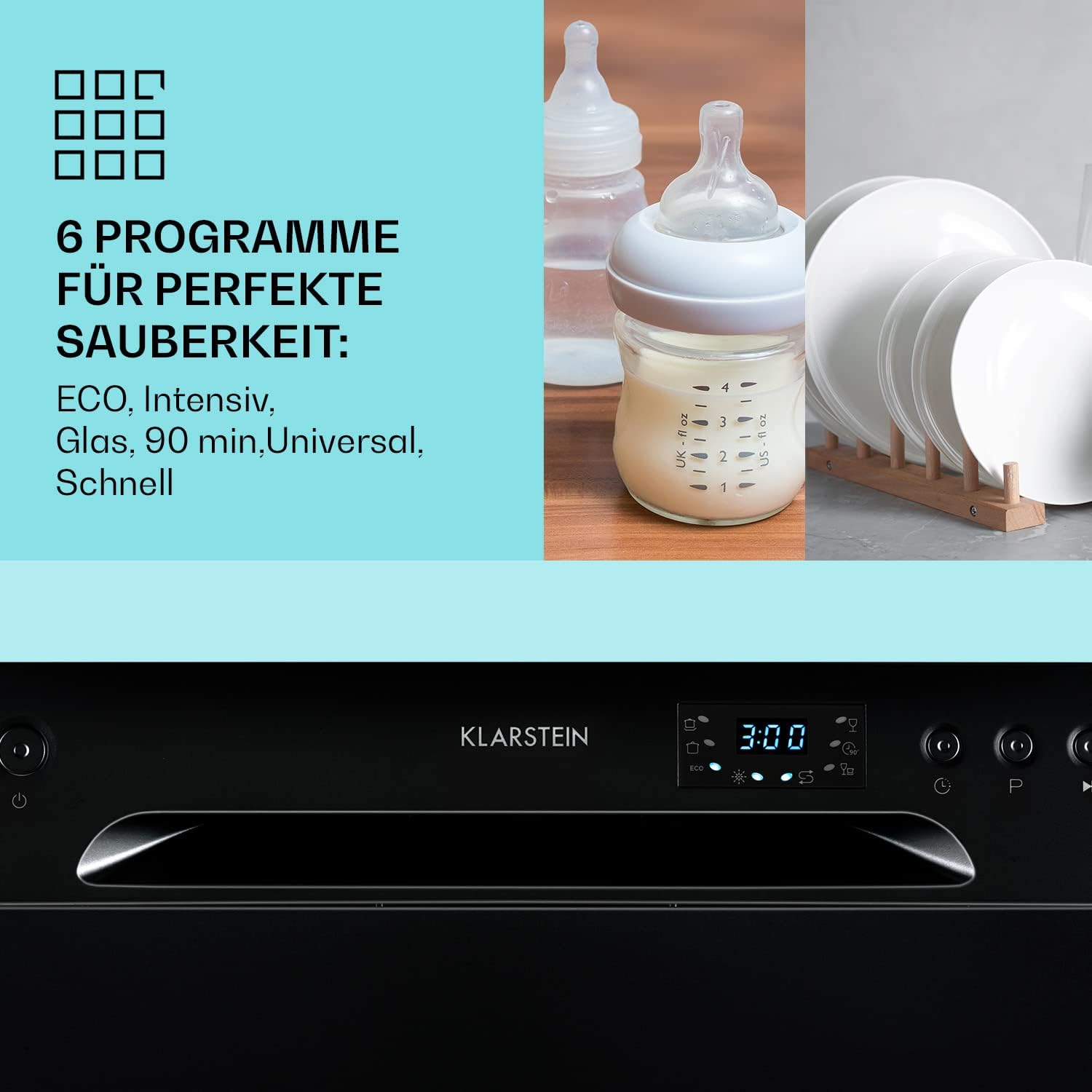 Klarstein ia 8 - Spülmaschine, Geschirrspüler, Freistehend, Teilintegriert, F, 55 cm breit, 8 Maßgedecke, 6 Programme, Aquastop, silber