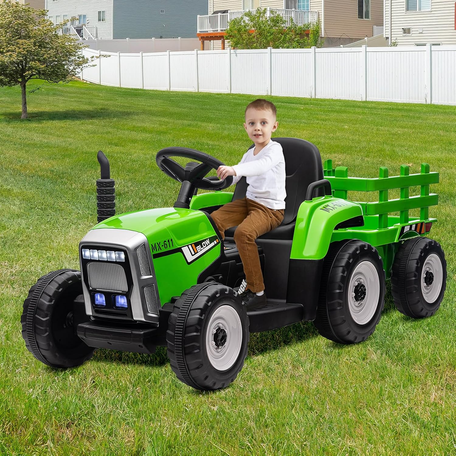 HAUSPROFI 12V 3-Gang Kinder Elektroauto mit Anhänger, Elektro Traktor 2 Fahrmodi, 2,4G-Fernbedienung, Kinder Traktor LED-Licht, Bluetooth, Musik, USB, Elektrischer Traktor für kinder ab 3 Jahren, Grün