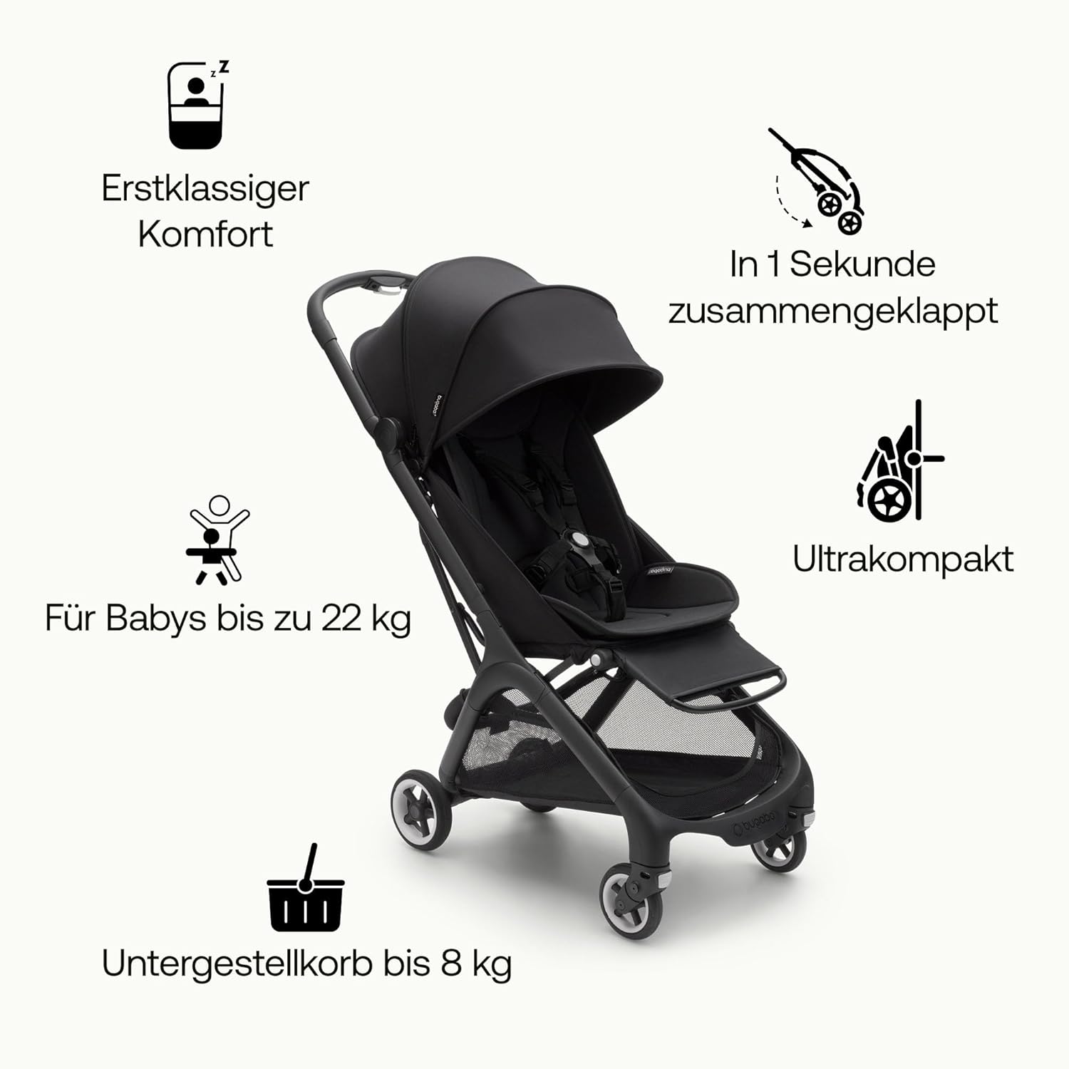 Bugaboo Butterfly ultrakompakter Reise-Kinderwagen, klein & leicht, einhändig faltbar und einfach zu lenken, ergonomischer City-Buggy für Babys ab 6 Monaten, mit viel Stauraum, Stormy Blue