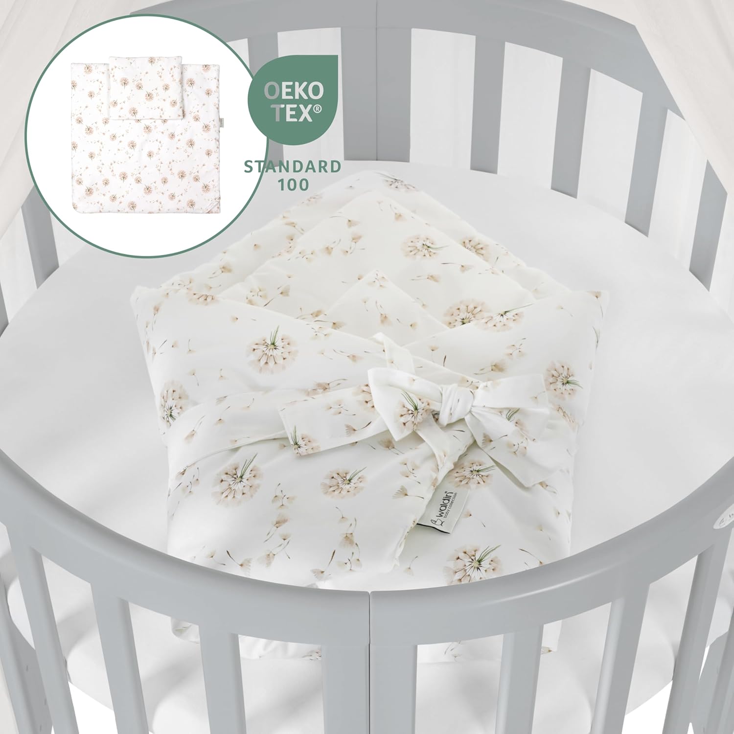 Waldin Oval Baby-Bett Mitwachsend Komplett Set 7in1, Gitterbett, Kinderbett mit Matratze, Wickelkommode, Beistellbett, Holz Weiß
