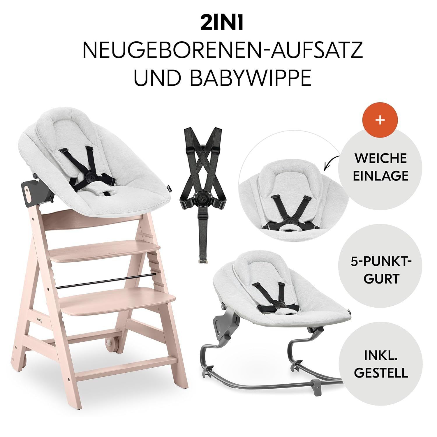 hauck Hochstuhl Beta+ Newborn Set Premium Dark Grey - Babyhochstuhl Set ab Geburt mit Neugeborenen Aufsatz Bouncer, Sitzpolster und Essbrett - Dark Grey