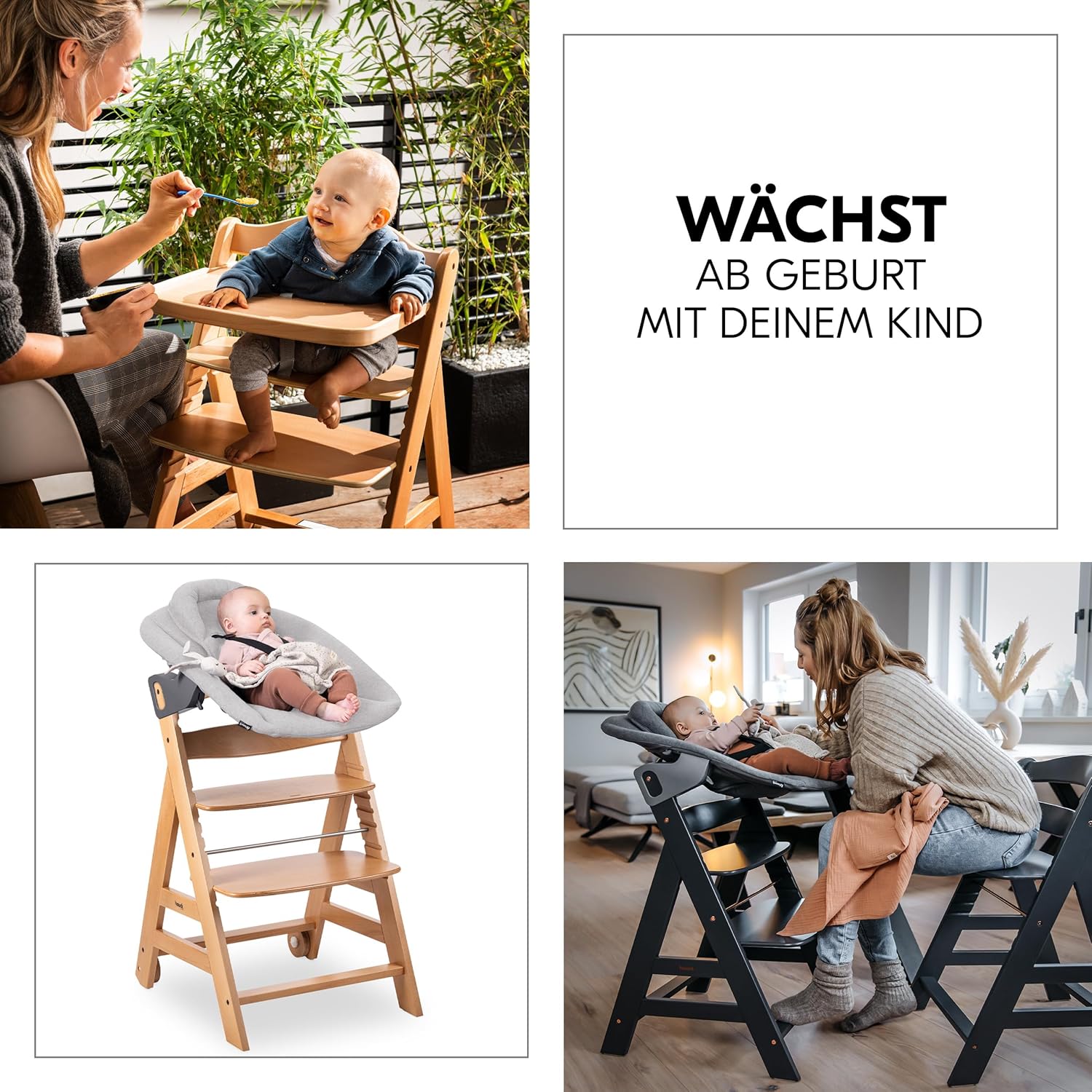 hauck Hochstuhl Beta+ Newborn Set Premium Dark Grey - Babyhochstuhl Set ab Geburt mit Neugeborenen Aufsatz Bouncer, Sitzpolster und Essbrett - Dark Grey