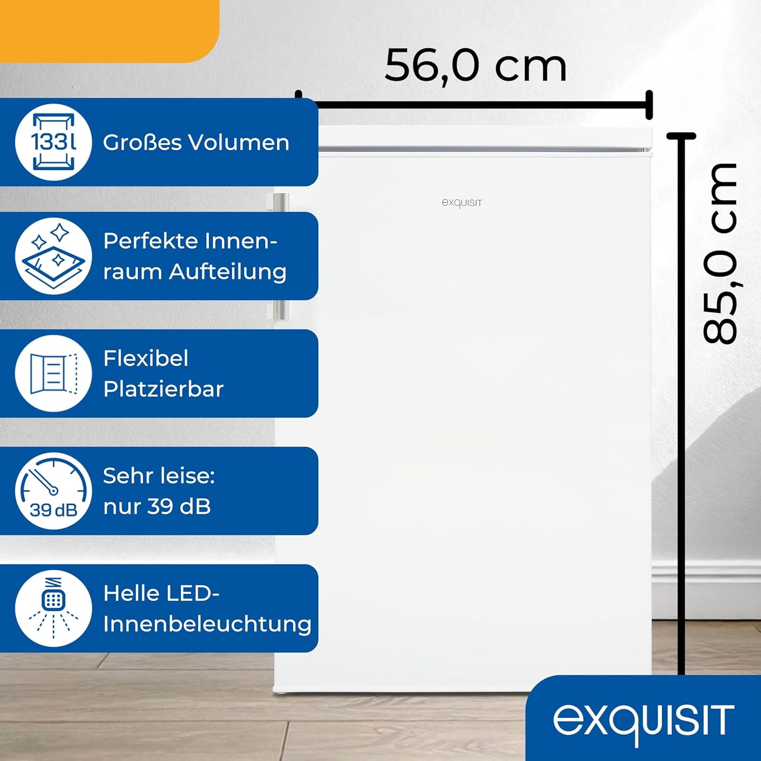Exquisit Kühlschrank ohne Gefrierfach, 133 Liter, Vollraumkühlschrank freistehend, Türanschlag Wechselbar, KS516-V-H-010D weiss