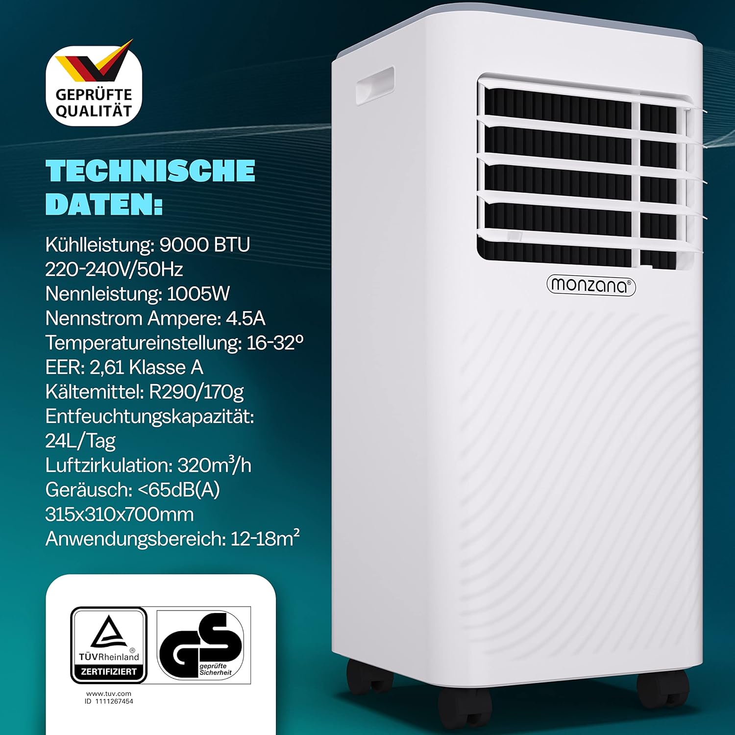Monzana lokale Klimaanlage MZKA2000 Mobil Abluftschlauch 7000BTU 3in1 750W 24h Timer 25qm Fernbedienung Luftentfeuchter Rollladenkit Klimagerät