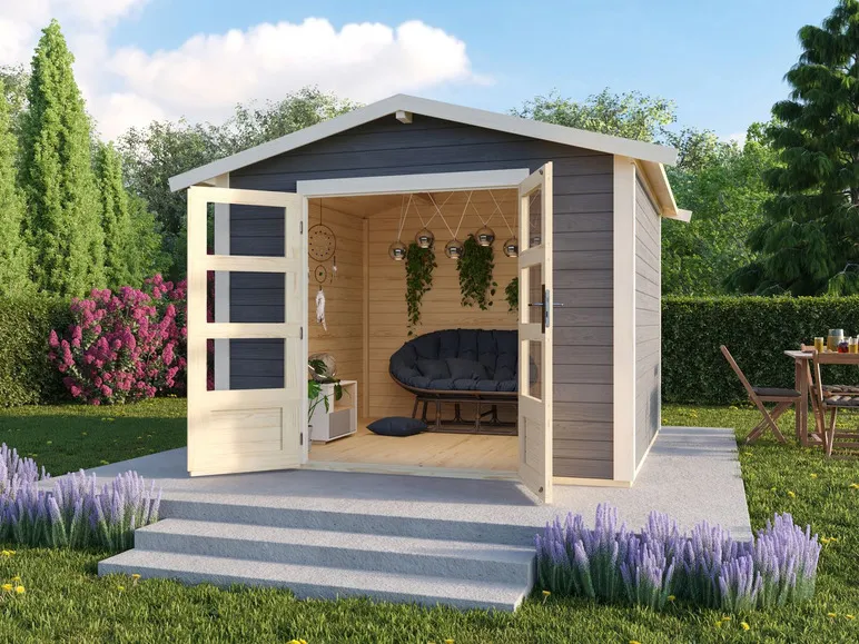 Karibu Gartenhaus »Carlos«, Satteldach, Witterungsschutz, Tür mit 3 Lichtausschnitten