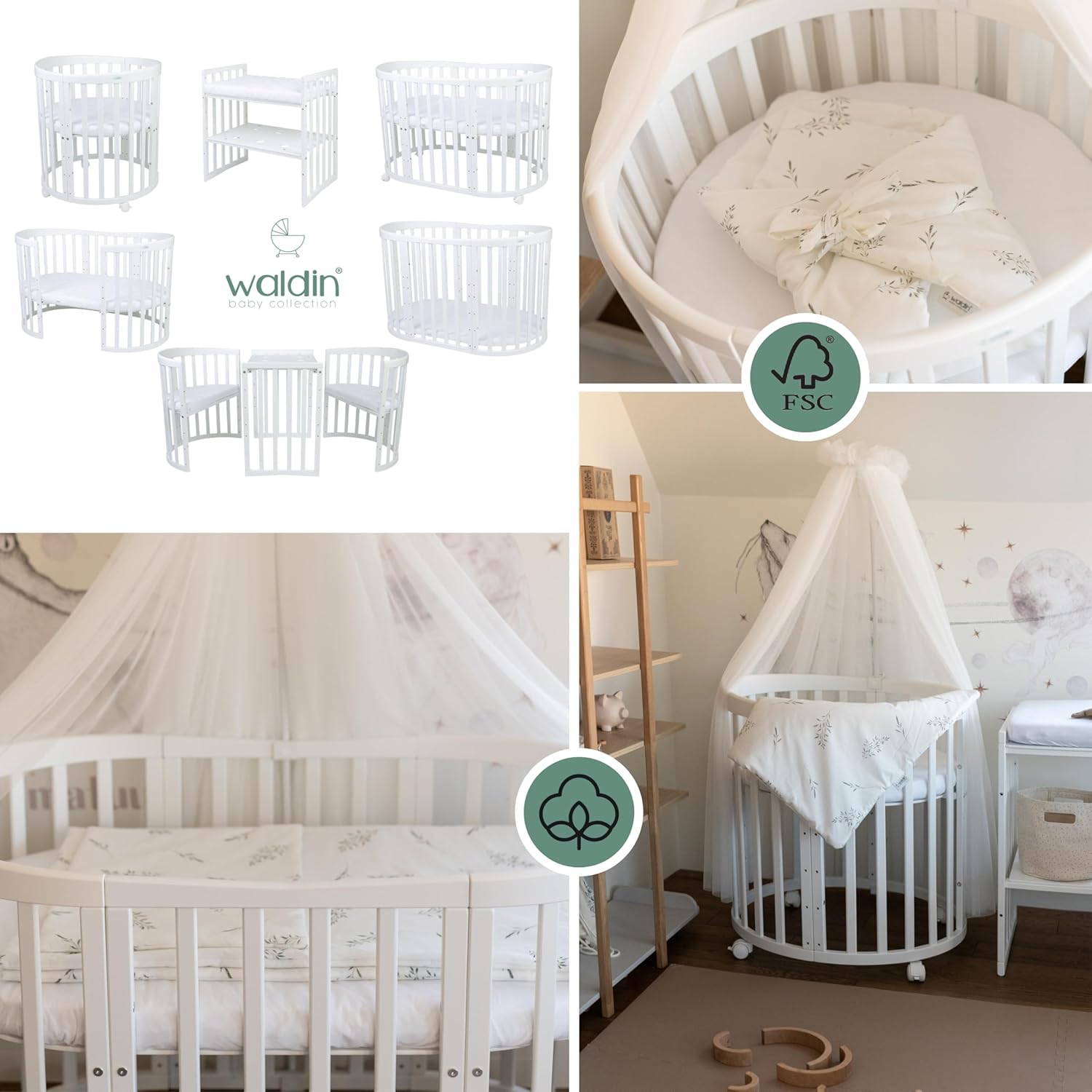Waldin Oval Baby-Bett Mitwachsend Komplett Set 7in1, Gitterbett, Kinderbett mit Matratze, Wickelkommode, Beistellbett, Holz Weiß