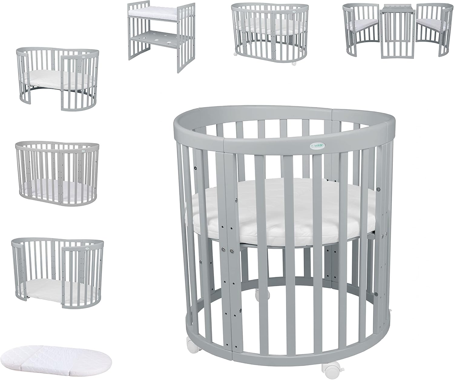 Waldin Oval Baby-Bett Mitwachsend Komplett Set 7in1, Gitterbett, Kinderbett mit Matratze, Wickelkommode, Beistellbett, Holz Weiß