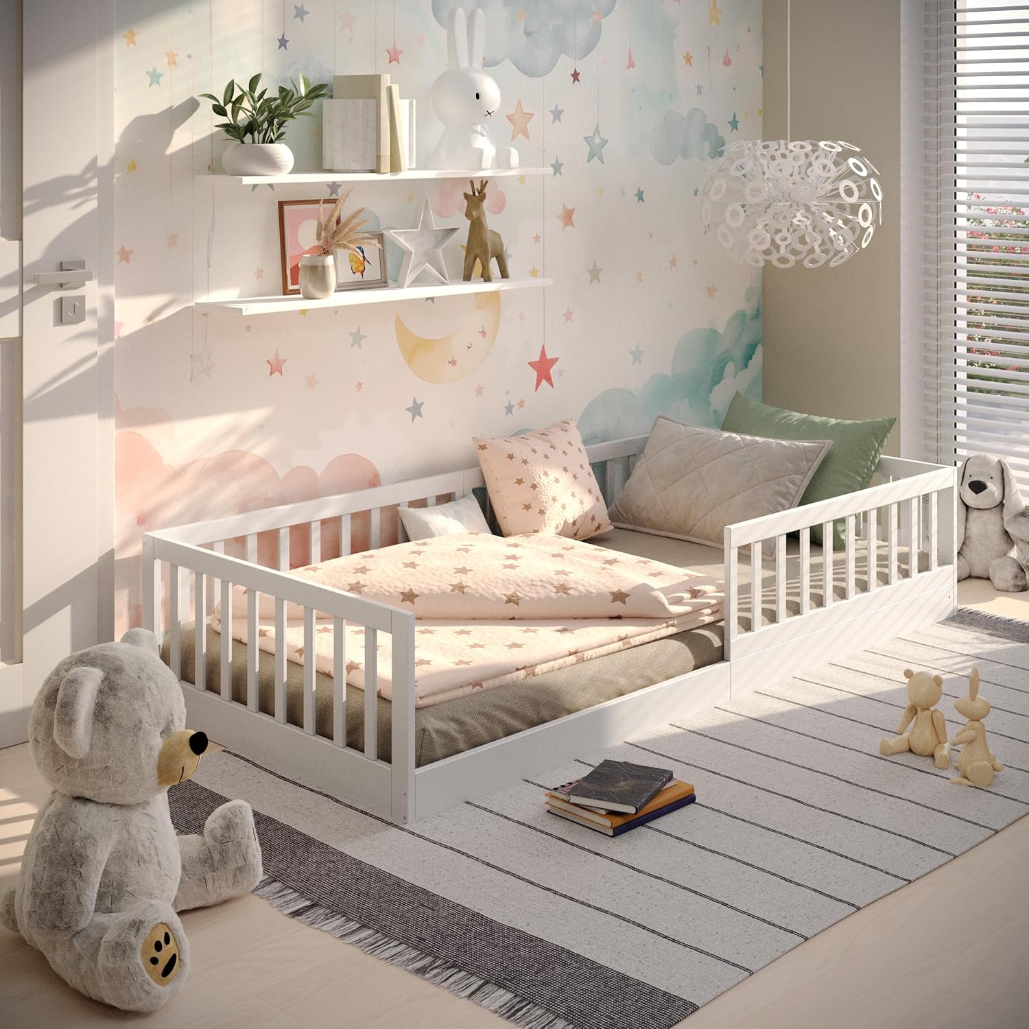 CADANI Timi 2in1 Bodenbett 140x200 cm Montessori Kinderbett mit abnehmbaren Rausfallschutz inkl. Lattenrost, Kiefer Massivholz, weiß - 3 Aufbauvarianten, bis 200 kg belastbar, umbaubar
