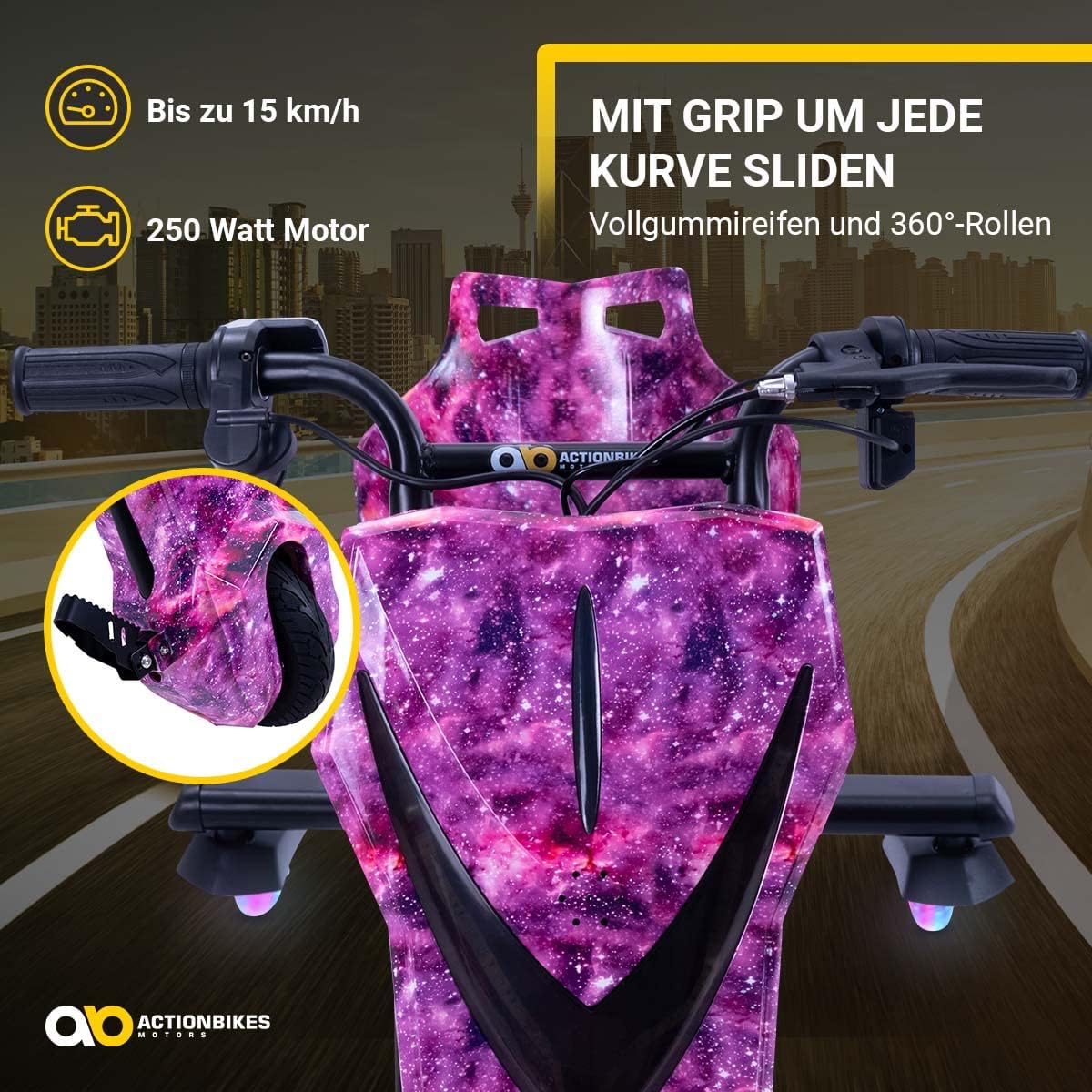 Actionbikes Motors Kinder Elektro Driftscooter | 𝟐𝟓𝟎 Watt Motor - Drift Cart 360°- 3 Geschwindigkeitsstufen - LED-Beleuchtung - Sitz verstellbar - Bluetooth - Drift Kart - Drift Auto (Space Purple)