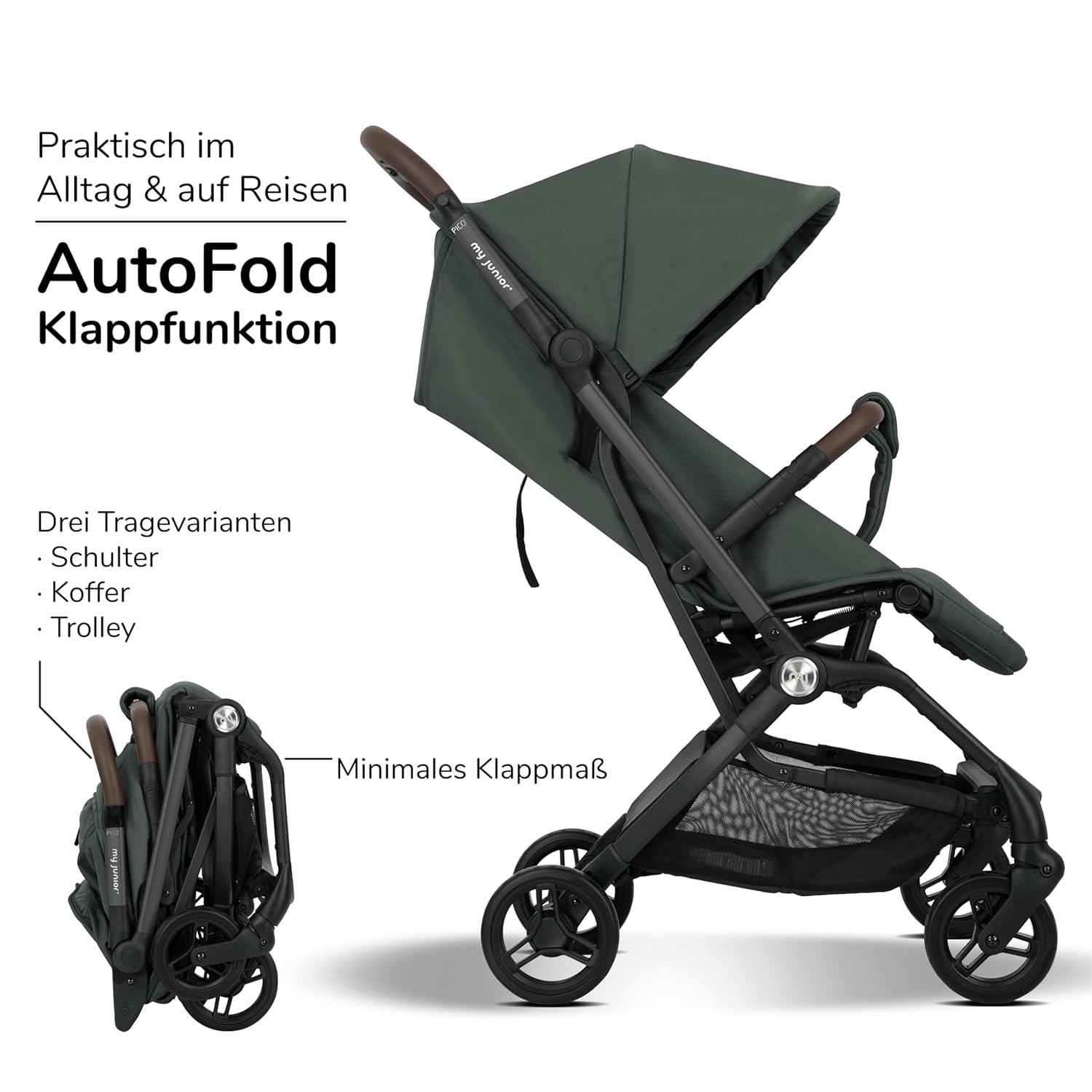 my junior Buggy PICO³ | bis 22kg | Einhand AutoFold-Klappmechanismus | Ergonomische Liegeposition nach IGR e.V. | großes Sonnenverdeck UV50+ | Handgepäckmaß | 2 Belüftungsfenster Hazel - Black
