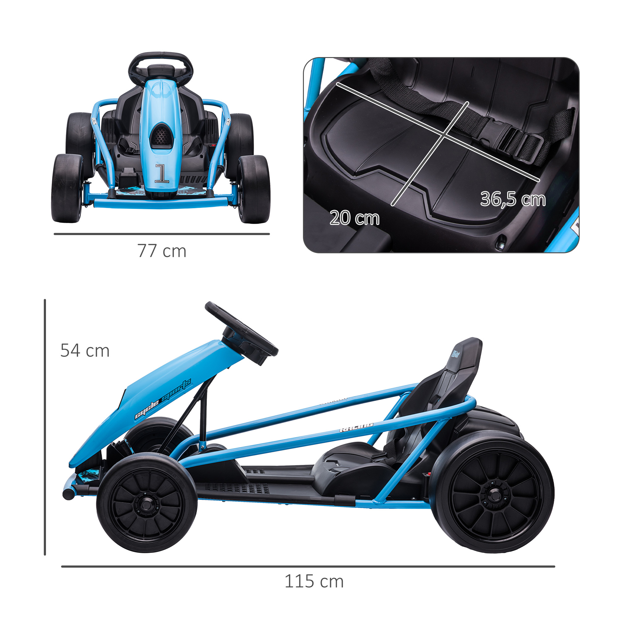 HOMCOM Elektro-Gokart für Kinder, Drift-Funktion, Hupe, Musik, Sicherheitsgurt, Soft-Start, Blau/Schwarz