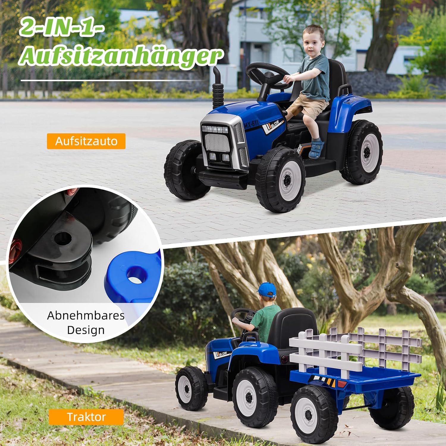 HAUSPROFI 12V 3-Gang Kinder Elektroauto mit Anhänger, Elektro Traktor 2 Fahrmodi, 2,4G-Fernbedienung, Kinder Traktor LED-Licht, Bluetooth, Musik, USB, Elektrischer Traktor für kinder ab 3 Jahren, Grün