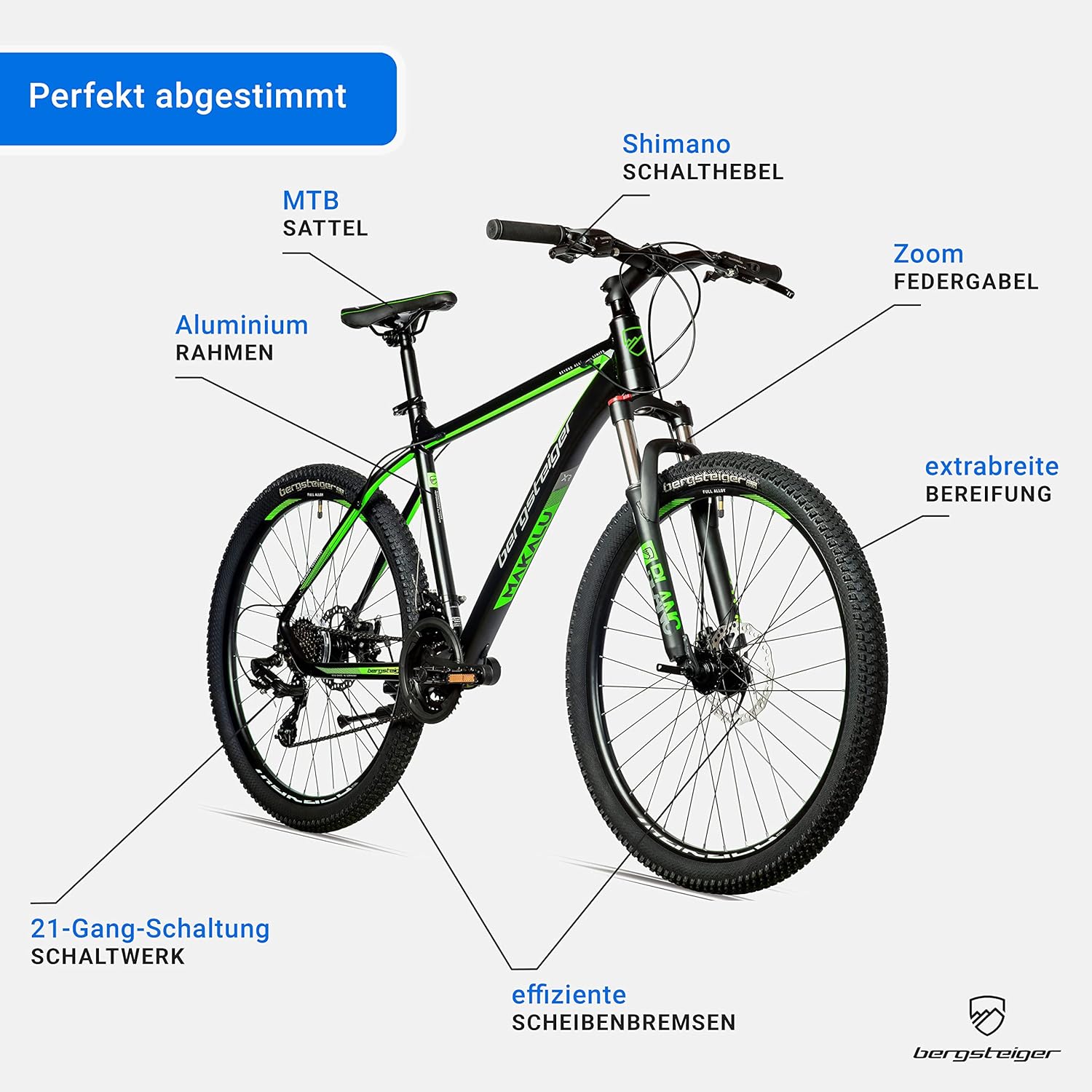 Bergsteiger Makalu 26 Zoll Mountainbike Aluminium, geeignet ab 150 cm, Scheibenbremse, Shimano 21 Gang-Schaltung, Hardtail, Jungen-Fahrrad & Herren-Fahrrad