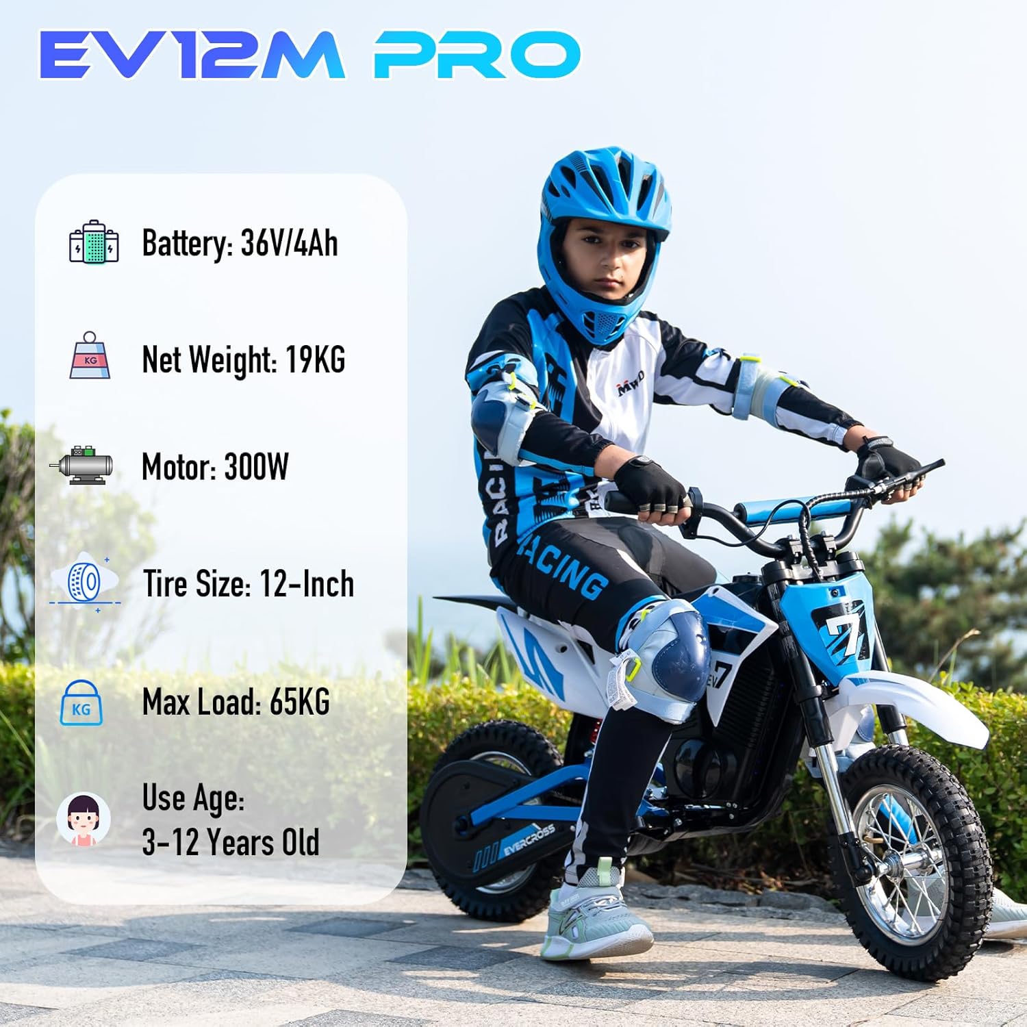 EVERCROSS EV12M Elektro Motorrad Kinder, Elektromotorrad mit 300W Motor, 8/12/25 KMH Geschwindigkeitsmodus, 15KM Lange Reichweite, 12 Zoll Luftreifen, Moto Cross für Kinder von 3–12 Jahren