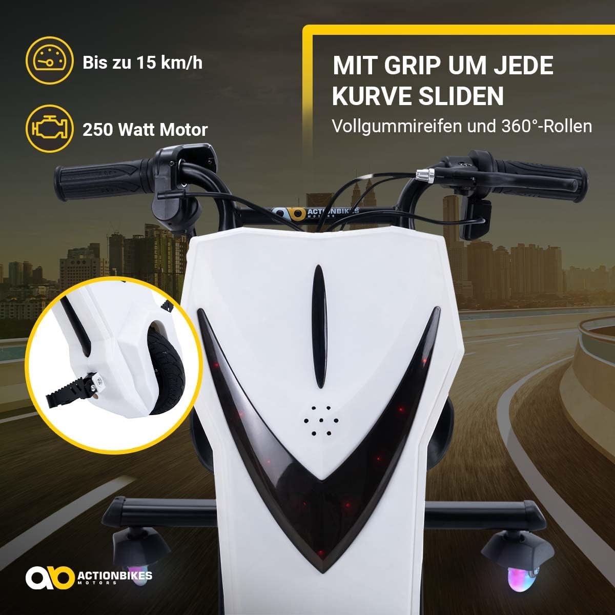 Actionbikes Motors Kinder Elektro Driftscooter | 𝟐𝟓𝟎 Watt Motor - Drift Cart 360°- 3 Geschwindigkeitsstufen - LED-Beleuchtung - Sitz verstellbar - Bluetooth - Drift Kart - Drift Auto (Space Purple)
