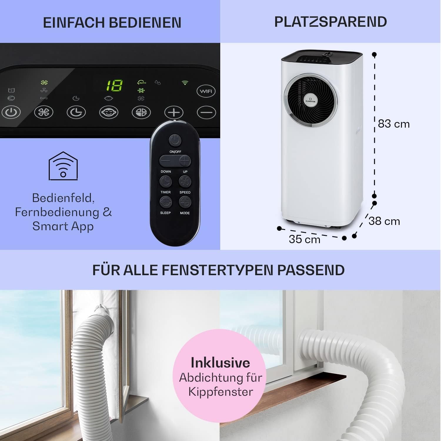 Klarstein Mobile Klimaanlage mit Abluftschlauch, 5-in-1 Klimagerät, Ventilator, Luftentfeuchter, Luftreiniger & Nachtmodus, App-Steuerung, Kleine & Portable, für Wohnung & Büro, 12000 BTU