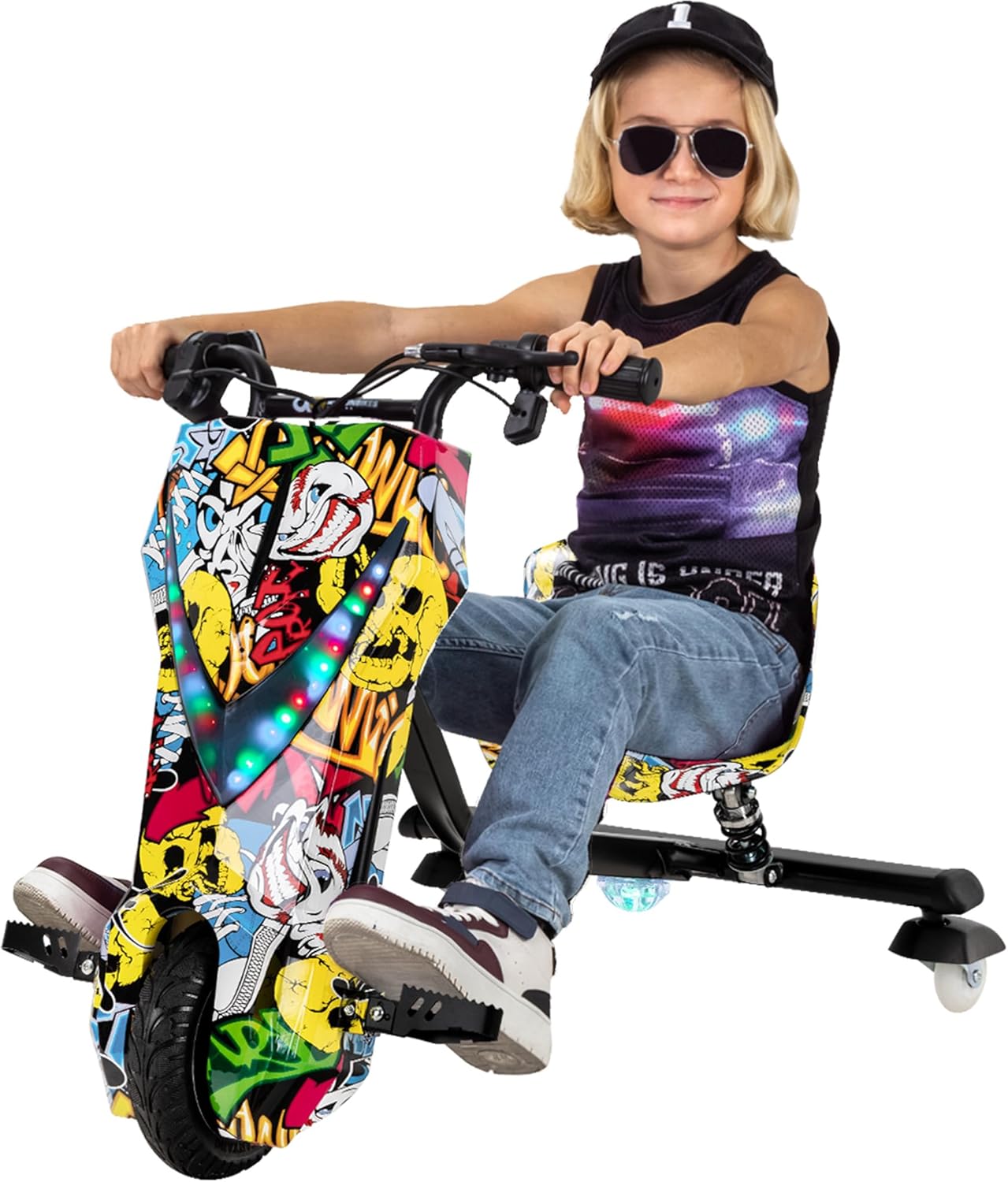 Actionbikes Motors Kinder Elektro Driftscooter | 𝟐𝟓𝟎 Watt Motor - Drift Cart 360°- 3 Geschwindigkeitsstufen - LED-Beleuchtung - Sitz verstellbar - Bluetooth - Drift Kart - Drift Auto (Space Purple)