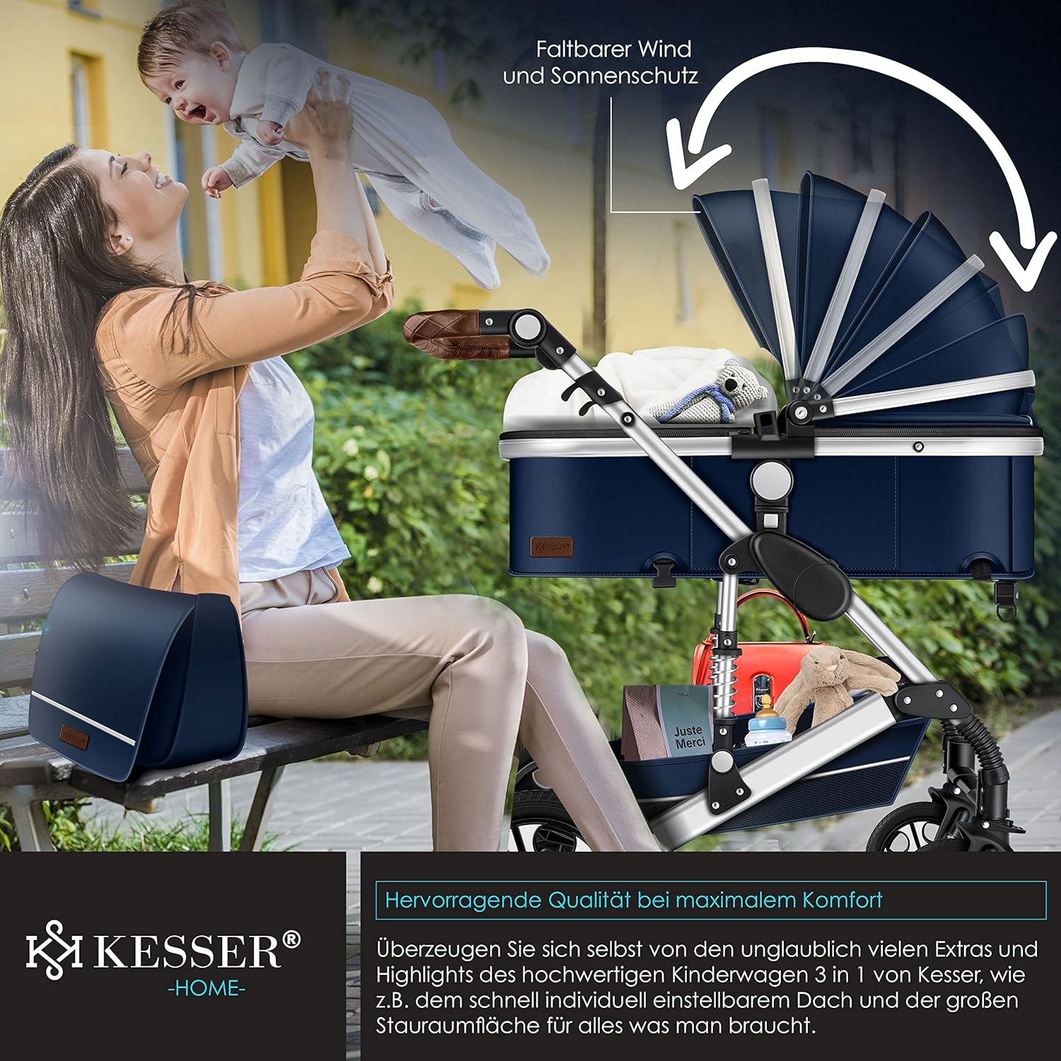 KESSER Loops 3 in 1 Kinderwagen Kombikinderwagen Komplett-Set inkl. Babywanne & Buggy Sportsitz & Auto-Babyschale Voll-Gummireifen Wickeltasche Regenschutz Kindertisch ECE R129, Schwarz/Champagne