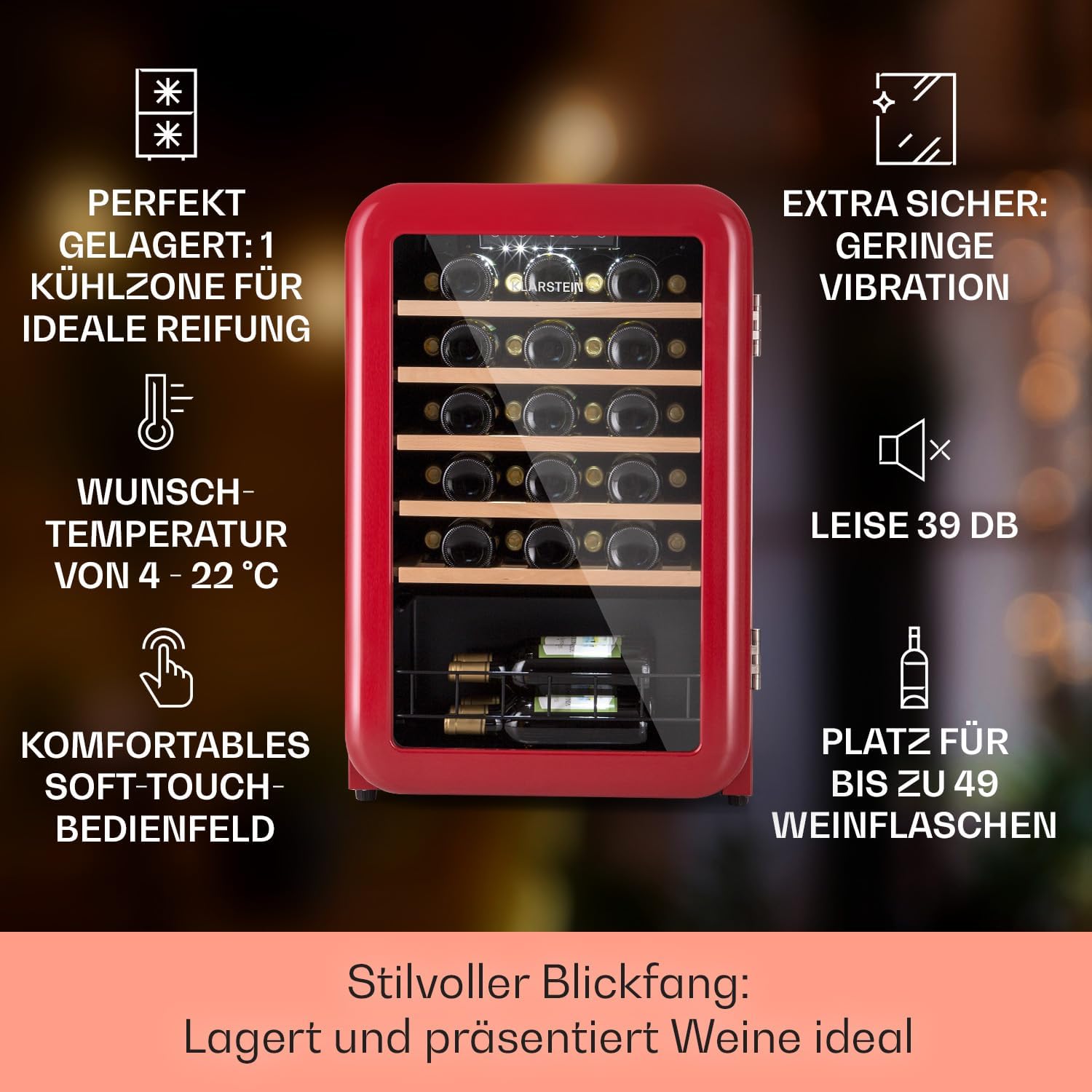 Klarstein Weinkühlschrank, Getränkekühlschrank Schmal, Kühlschrank mit Glastür, Getränkekühlschränke Freistehend, Weinkühlschrank Klein, Weinkühlschränke 1 Zone, UV-Schutz, 4-22 °C, 19 Flaschen