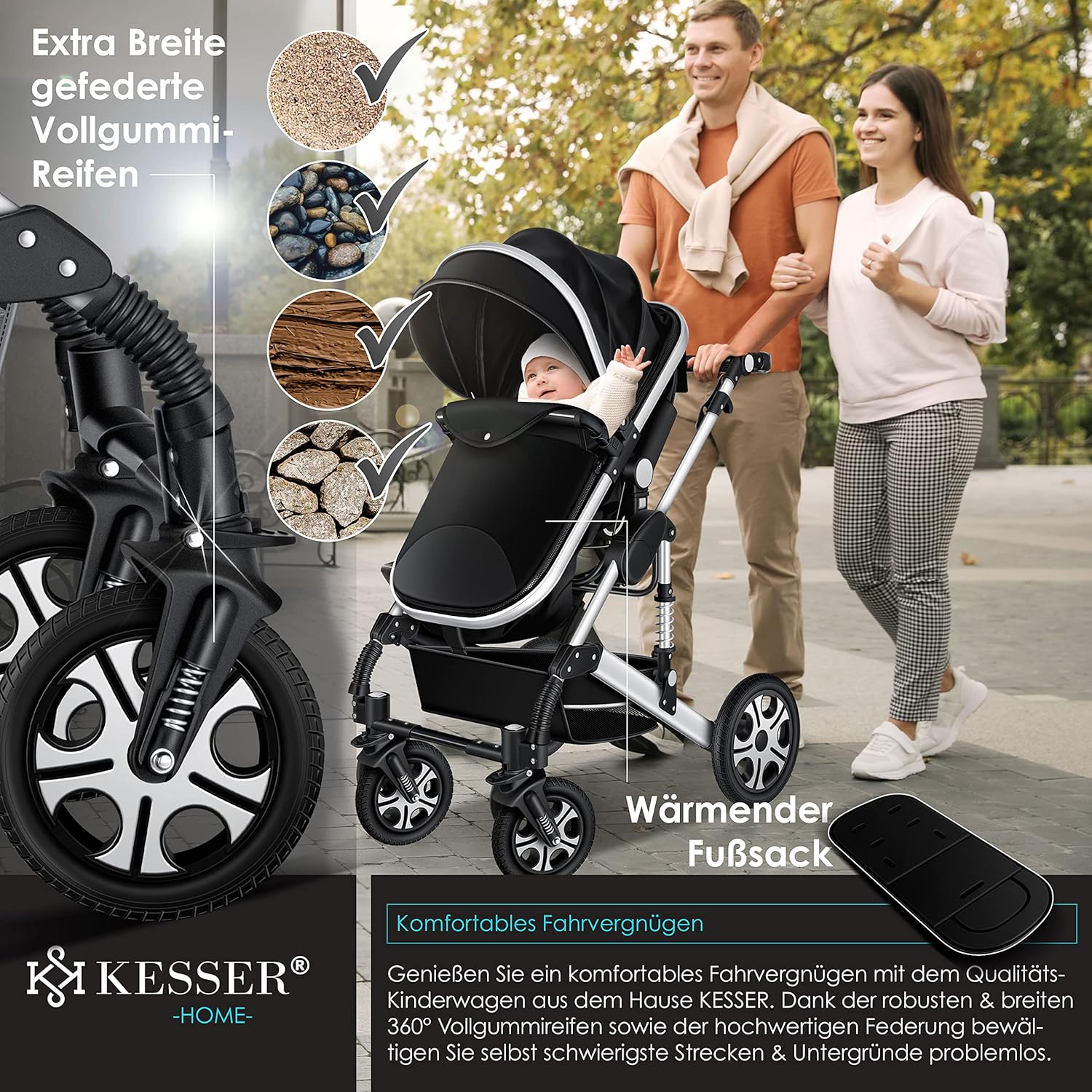 KESSER Loops 3 in 1 Kinderwagen Kombikinderwagen Komplett-Set inkl. Babywanne & Buggy Sportsitz & Auto-Babyschale Voll-Gummireifen Wickeltasche Regenschutz Kindertisch ECE R129, Schwarz/Champagne