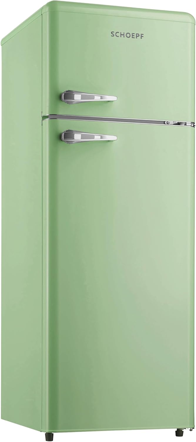 SCHOEPF – RKG218SG Kühl-Gefrierkombination – 211 L – Retro Design – LED-Beleuchtung – 39 dB – Grün/Mint – Höhenverstellbare Füße – Freistehend – Vintage Look
