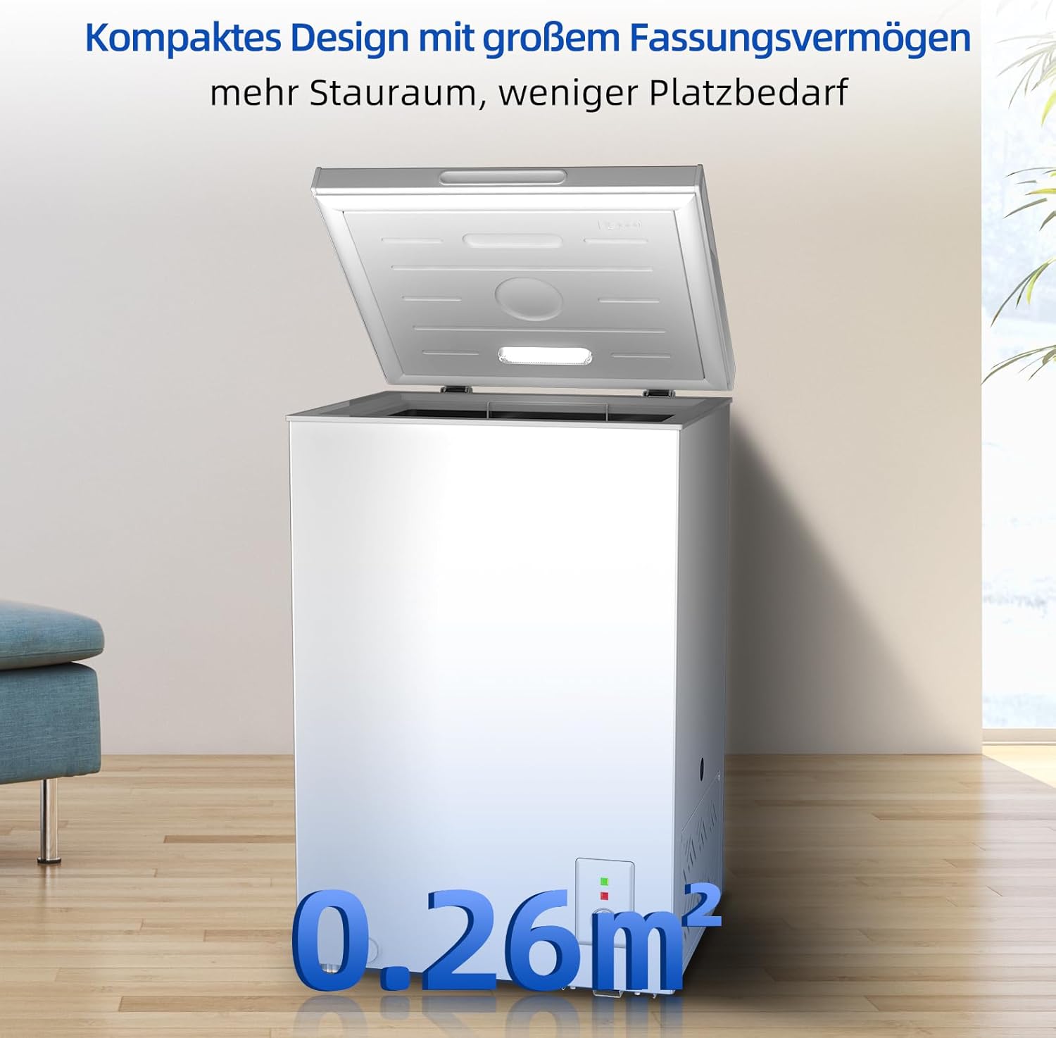 CHiQ FCF98DE Gefriertruhe 99 L, 54,5 x 47,6 x 83,5 cm, 4-Sterne-Gefrieren, Thermostatsteuerung, Drahtgestell, Schwebetür, Geräuscharm, Weiß