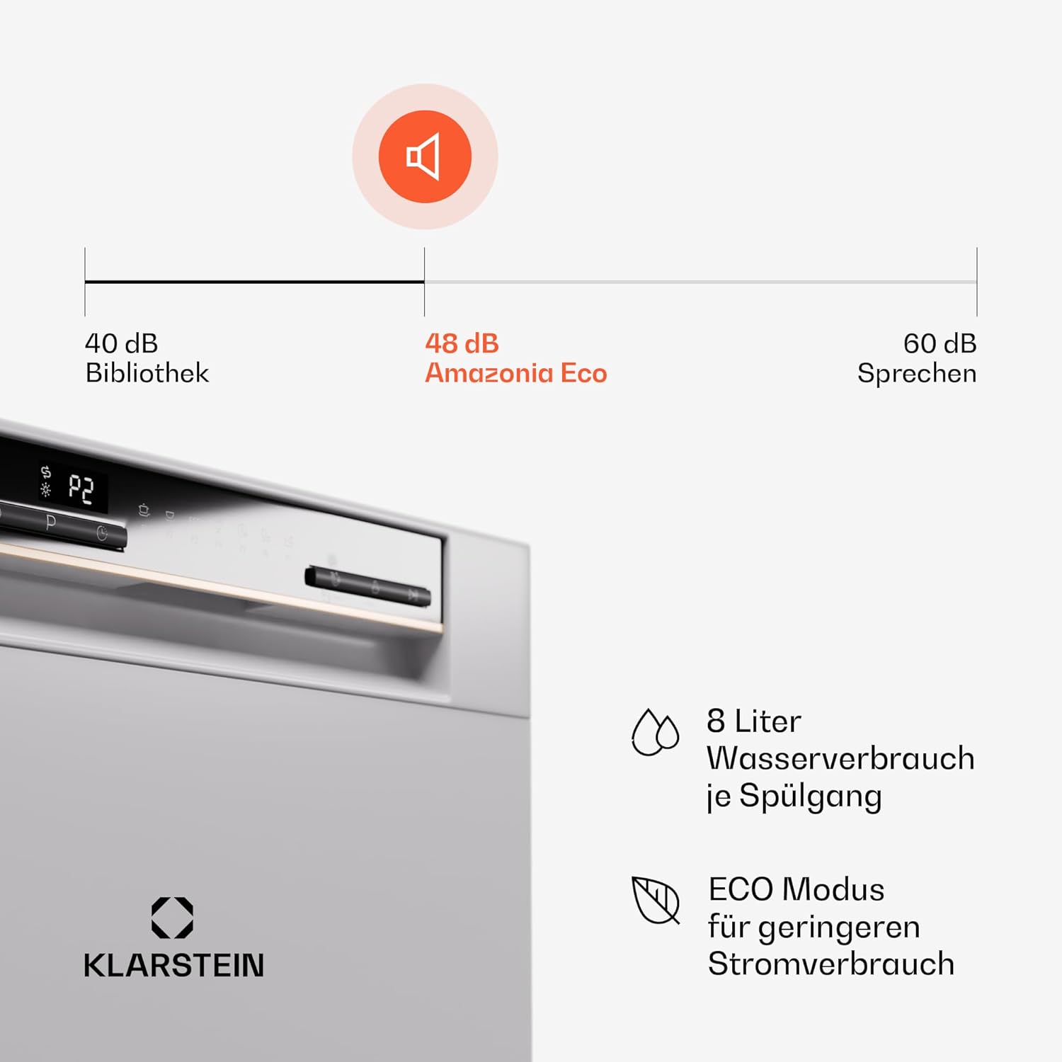 Klarstein ia 8 - Spülmaschine, Geschirrspüler, Freistehend, Teilintegriert, F, 55 cm breit, 8 Maßgedecke, 6 Programme, Aquastop, silber