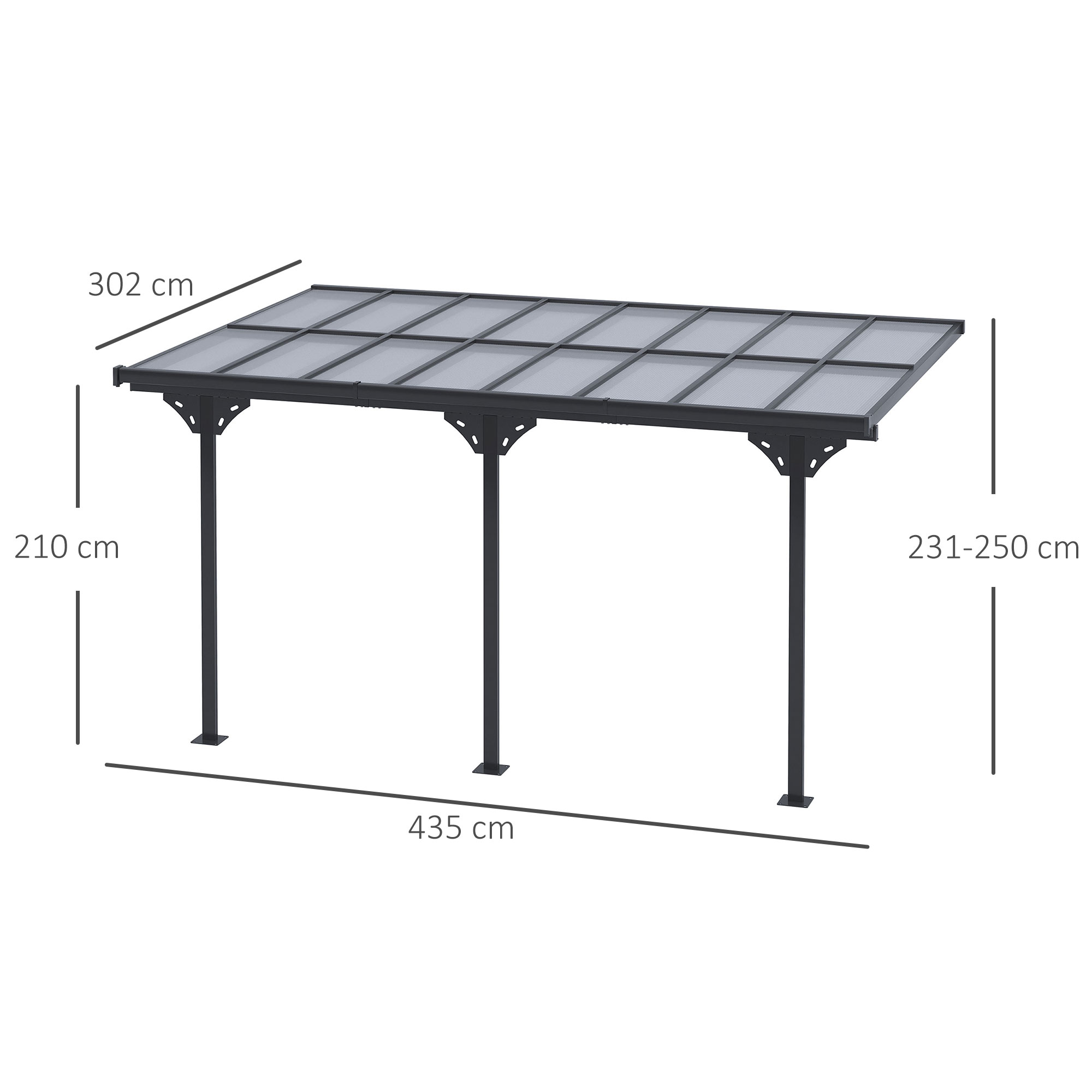 Outsunny Pergola Pavillon  4.35 x 3.02 m Gartenpavillon Überdachung Zelt 231-250 cm höhenverstellbar Sonnenschutz Terrassendach Anbaupavillion Aluminium Grau