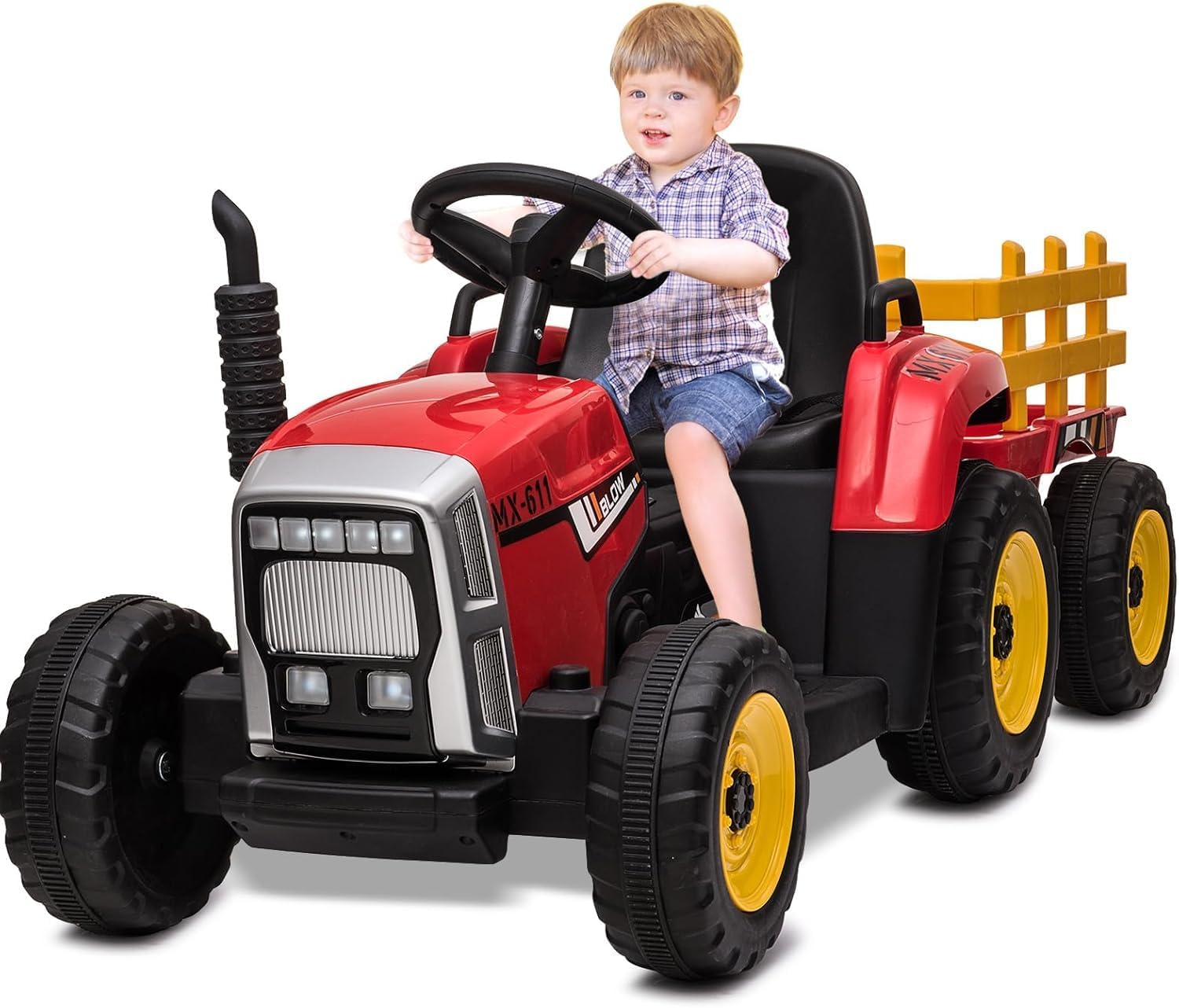HAUSPROFI 12V 3-Gang Kinder Elektroauto mit Anhänger, Elektro Traktor 2 Fahrmodi, 2,4G-Fernbedienung, Kinder Traktor LED-Licht, Bluetooth, Musik, USB, Elektrischer Traktor für kinder ab 3 Jahren, Grün